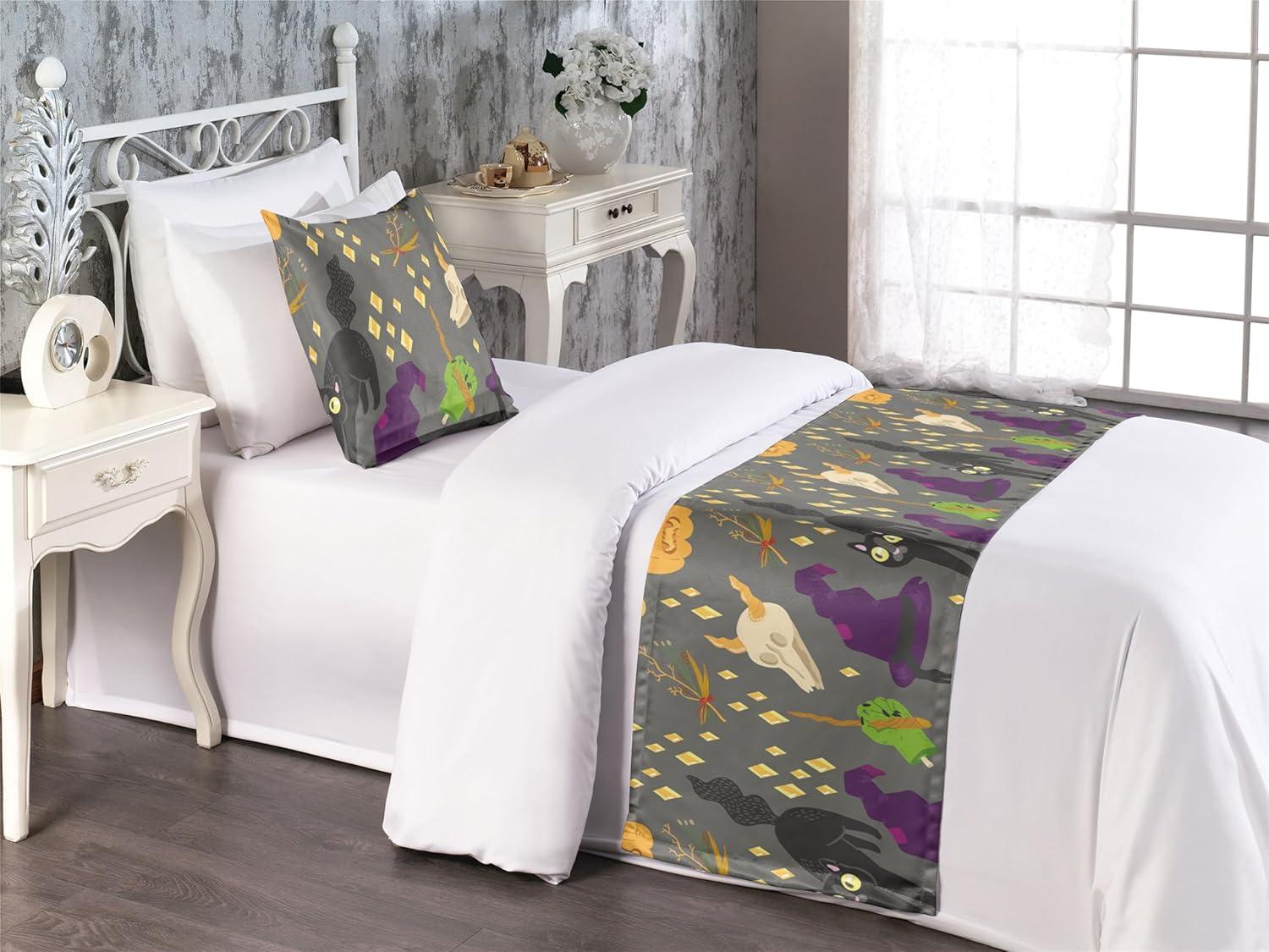 imageAmbesonne Christmas Floral Bed Runner Set Simple Design Botany Pattern Winter Rabbits Snowflakes Circles Decorative Bedding Scarf and a Pillow Sham for Hotels Homes Twin Dark Sea Green WhiteDark Purple Pale Orange