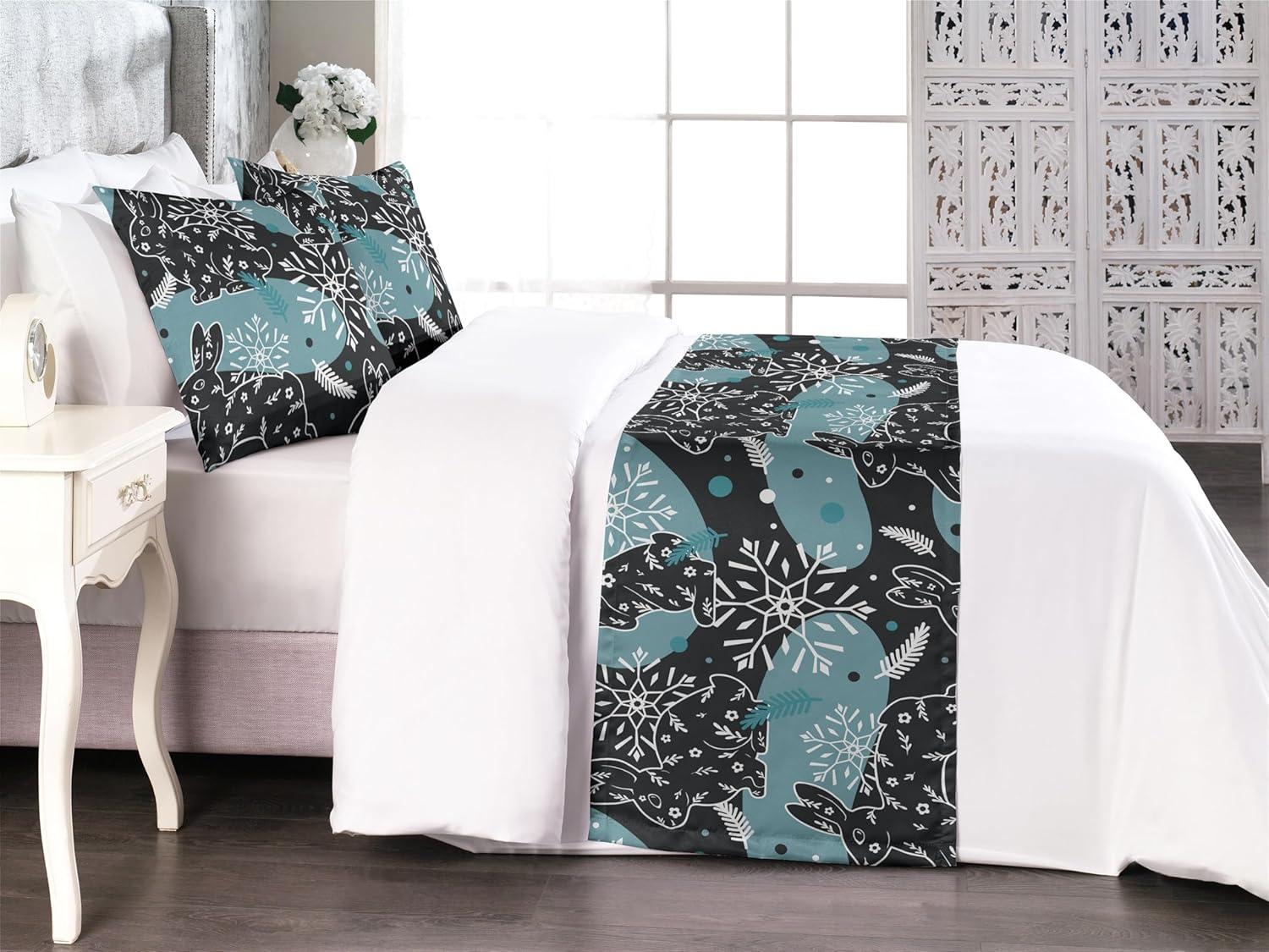 imageAmbesonne Christmas Floral Bed Runner Set Simple Design Botany Pattern Winter Rabbits Snowflakes Circles Decorative Bedding Scarf and a Pillow Sham for Hotels Homes Twin Dark Sea Green WhiteDark Sea Green White