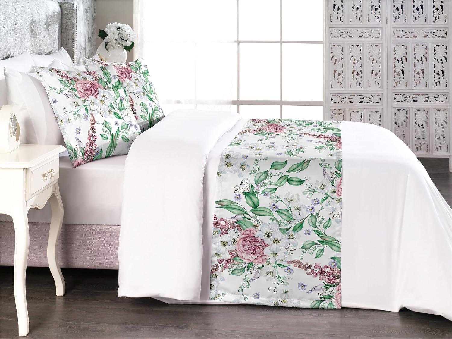 imageAmbesonne Christmas Floral Bed Runner Set Simple Design Botany Pattern Winter Rabbits Snowflakes Circles Decorative Bedding Scarf and a Pillow Sham for Hotels Homes Twin Dark Sea Green WhitePeacock Green and Pale Ruby