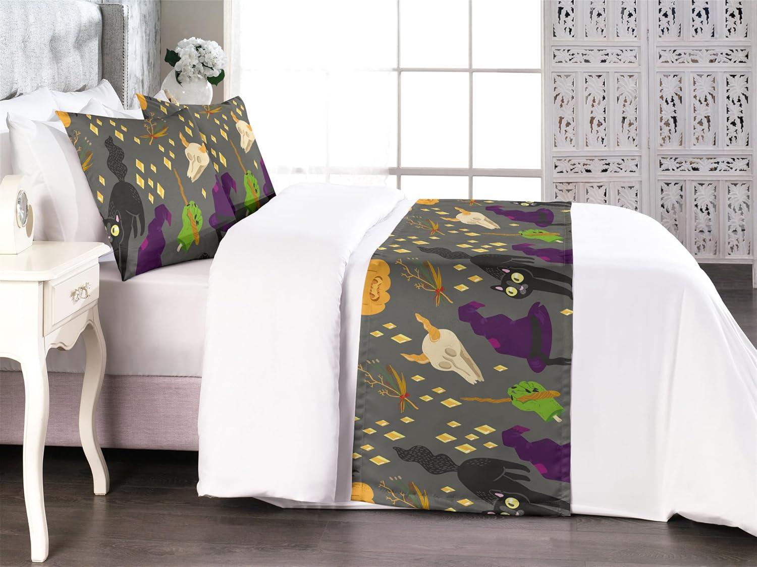 imageAmbesonne Christmas Floral Bed Runner Set Simple Design Botany Pattern Winter Rabbits Snowflakes Circles Decorative Bedding Scarf and a Pillow Sham for Hotels Homes Twin Dark Sea Green WhiteDark Purple Pale Orange