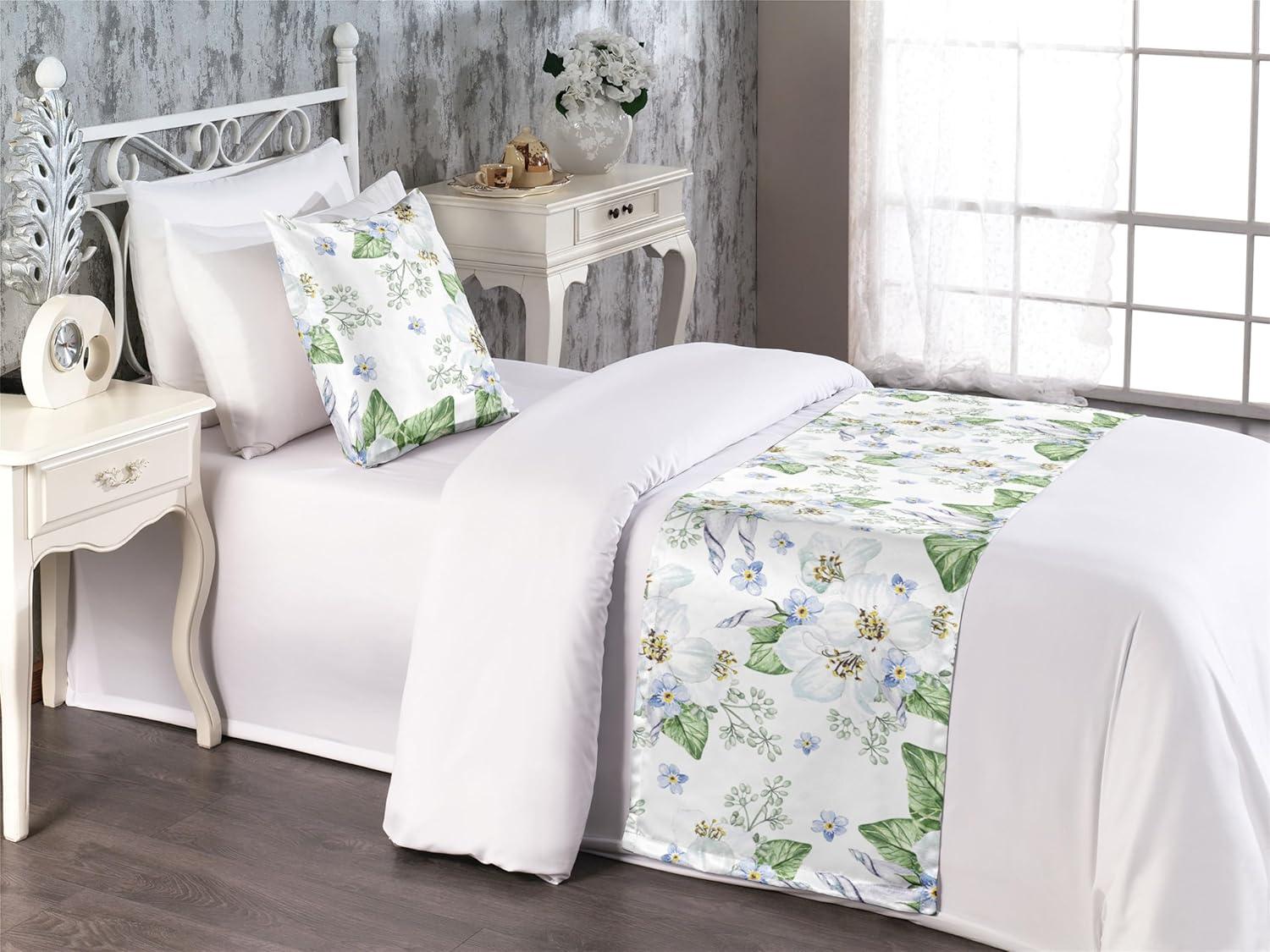 imageAmbesonne Christmas Floral Bed Runner Set Simple Design Botany Pattern Winter Rabbits Snowflakes Circles Decorative Bedding Scarf and a Pillow Sham for Hotels Homes Twin Dark Sea Green WhiteFern Green and Soft Blue