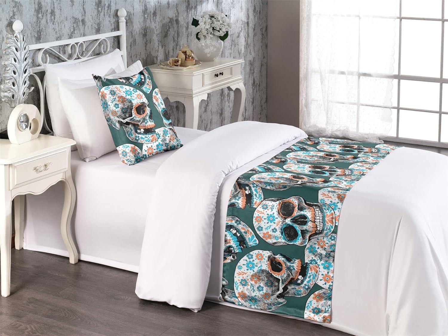 imageAmbesonne Christmas Floral Bed Runner Set Simple Design Botany Pattern Winter Rabbits Snowflakes Circles Decorative Bedding Scarf and a Pillow Sham for Hotels Homes Twin Dark Sea Green WhiteDark Teal Salmon and Sea Blue