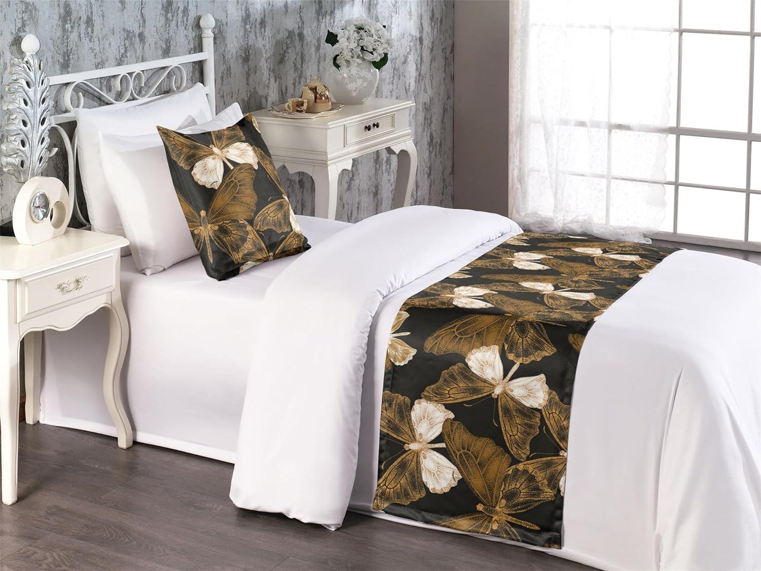 imageAmbesonne Christmas Floral Bed Runner Set Simple Design Botany Pattern Winter Rabbits Snowflakes Circles Decorative Bedding Scarf and a Pillow Sham for Hotels Homes Twin Dark Sea Green WhiteDark Mustard and Caramel