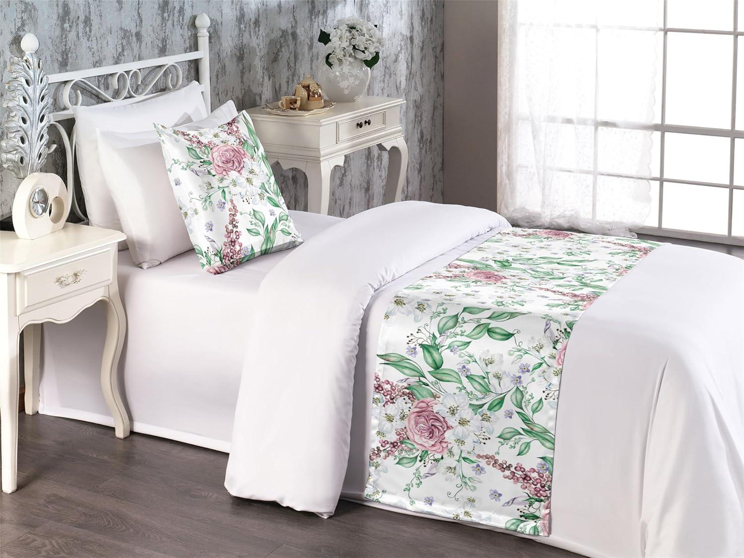 imageAmbesonne Christmas Floral Bed Runner Set Simple Design Botany Pattern Winter Rabbits Snowflakes Circles Decorative Bedding Scarf and a Pillow Sham for Hotels Homes Twin Dark Sea Green WhitePeacock Green and Pale Ruby
