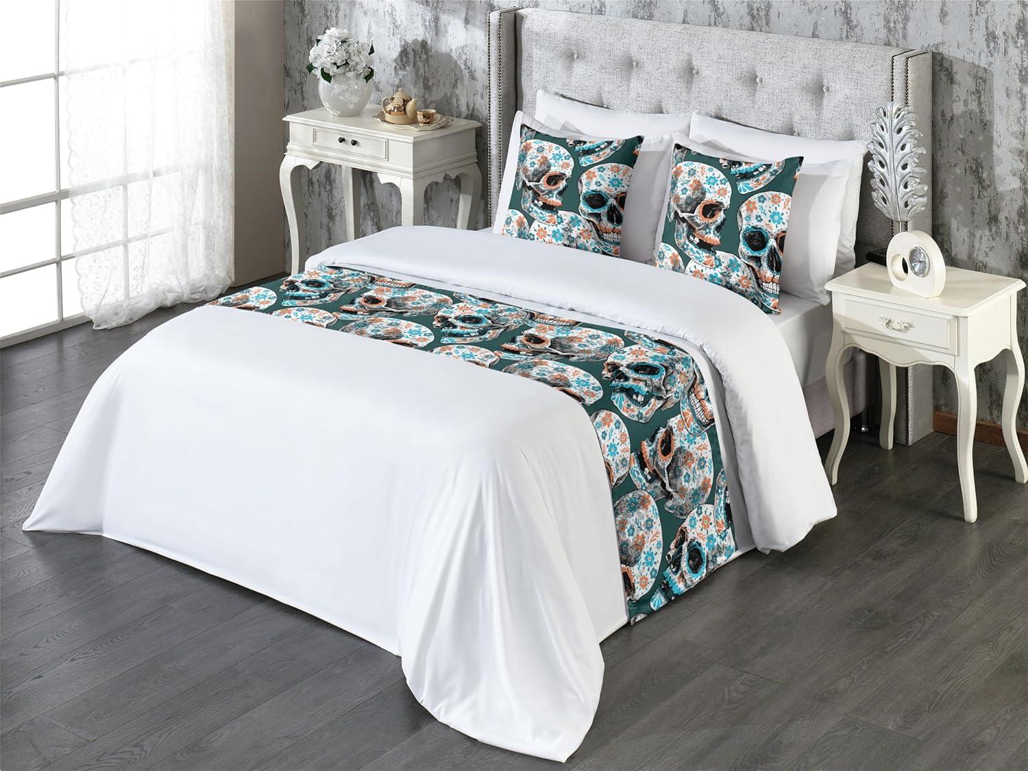 imageAmbesonne Christmas Floral Bed Runner Set Simple Design Botany Pattern Winter Rabbits Snowflakes Circles Decorative Bedding Scarf and a Pillow Sham for Hotels Homes Twin Dark Sea Green WhiteDark Teal Salmon and Sea Blue