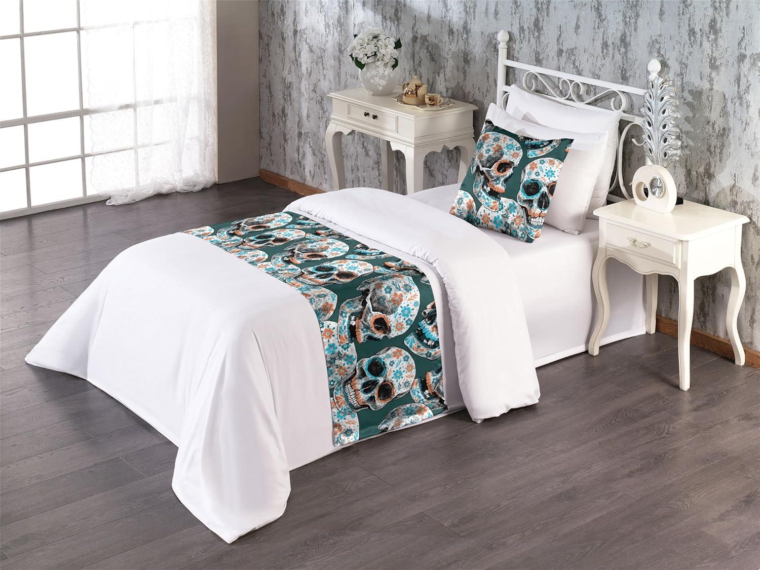 imageAmbesonne Christmas Floral Bed Runner Set Simple Design Botany Pattern Winter Rabbits Snowflakes Circles Decorative Bedding Scarf and a Pillow Sham for Hotels Homes Twin Dark Sea Green WhiteDark Teal Salmon and Sea Blue