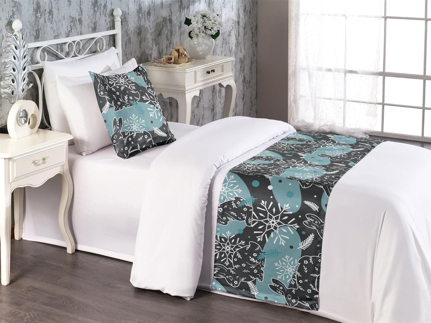 imageAmbesonne Christmas Floral Bed Runner Set Simple Design Botany Pattern Winter Rabbits Snowflakes Circles Decorative Bedding Scarf and a Pillow Sham for Hotels Homes Twin Dark Sea Green WhiteDark Sea Green White