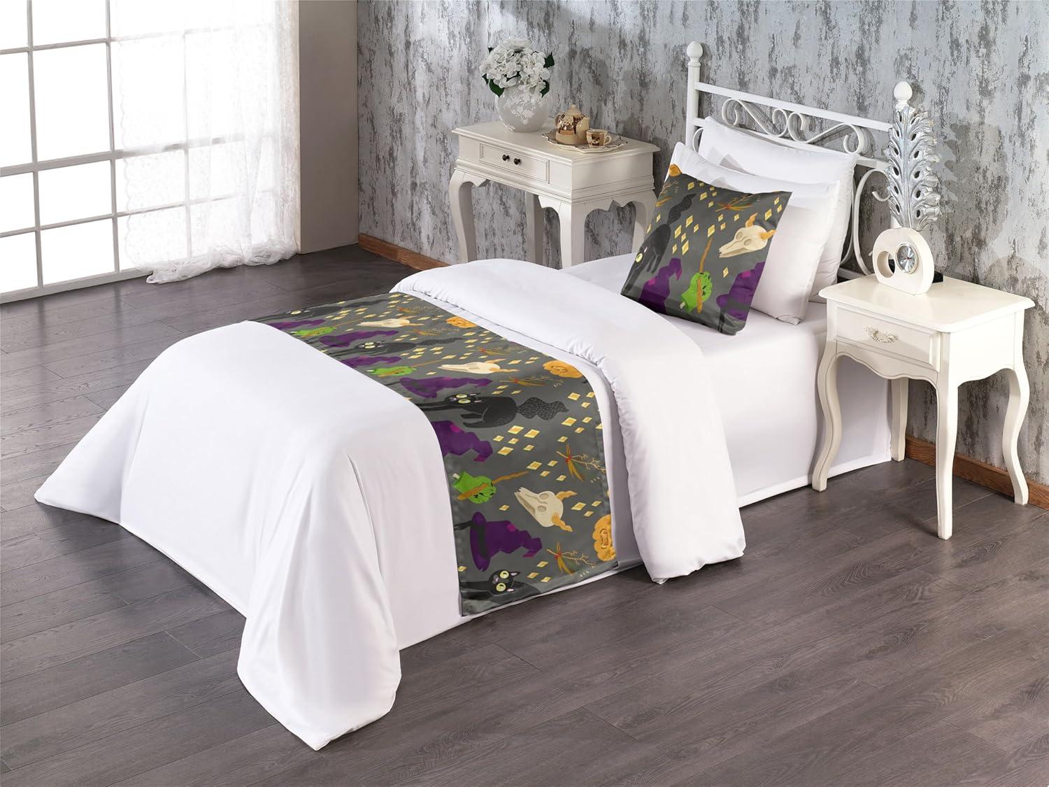 imageAmbesonne Christmas Floral Bed Runner Set Simple Design Botany Pattern Winter Rabbits Snowflakes Circles Decorative Bedding Scarf and a Pillow Sham for Hotels Homes Twin Dark Sea Green WhiteDark Purple Pale Orange