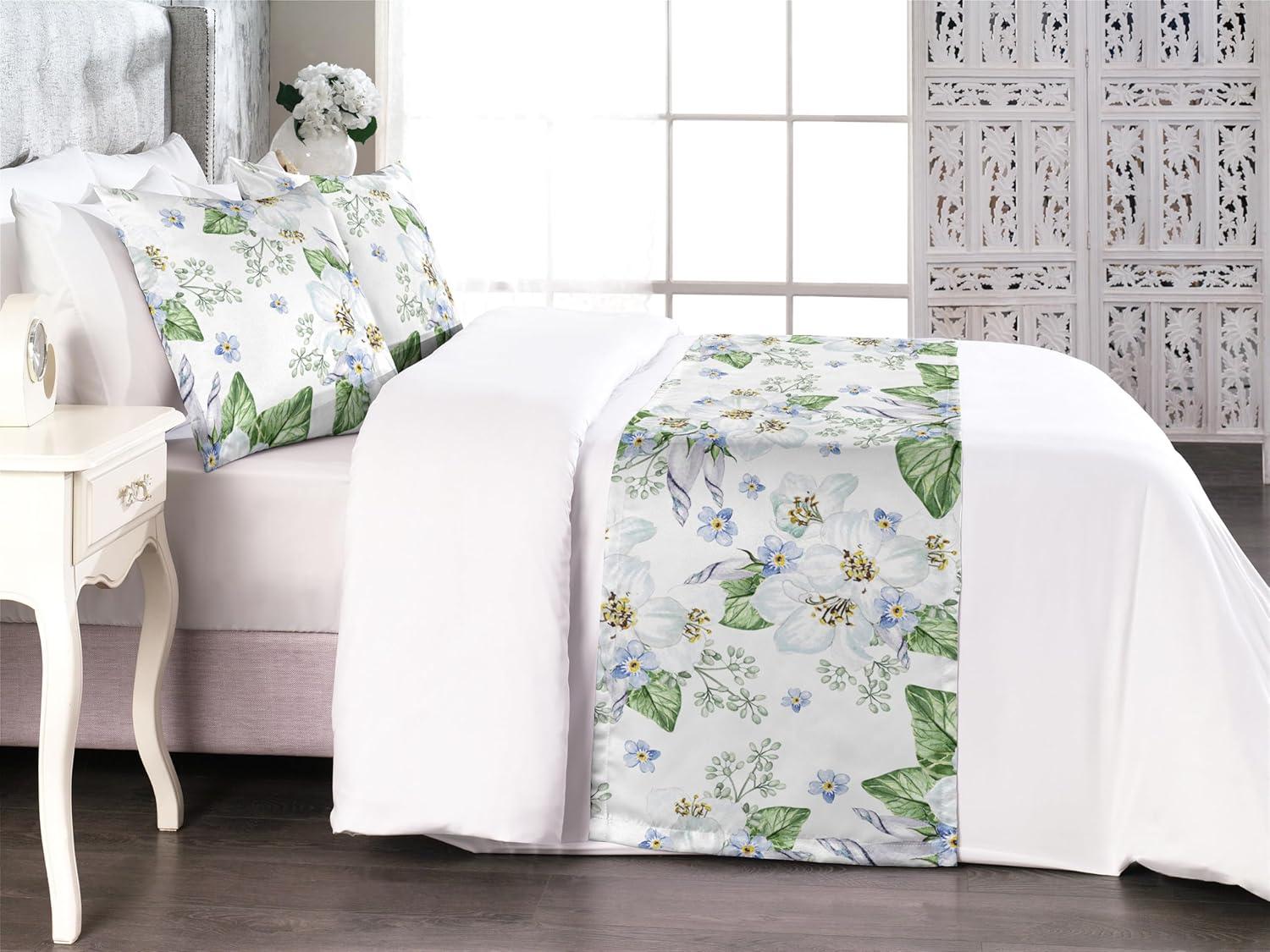 imageAmbesonne Christmas Floral Bed Runner Set Simple Design Botany Pattern Winter Rabbits Snowflakes Circles Decorative Bedding Scarf and a Pillow Sham for Hotels Homes Twin Dark Sea Green WhiteFern Green and Soft Blue