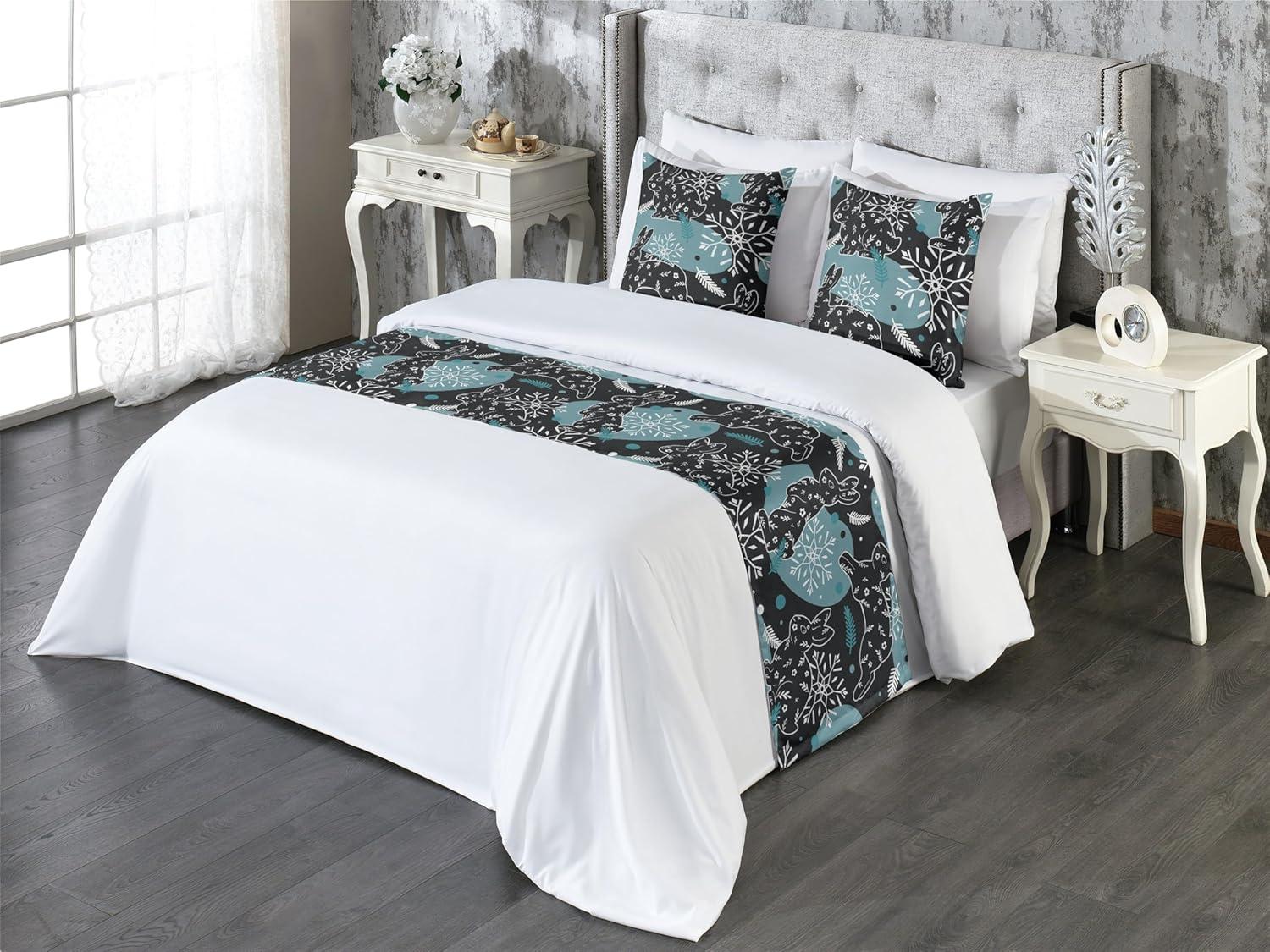 imageAmbesonne Christmas Floral Bed Runner Set Simple Design Botany Pattern Winter Rabbits Snowflakes Circles Decorative Bedding Scarf and a Pillow Sham for Hotels Homes Twin Dark Sea Green WhiteDark Sea Green White