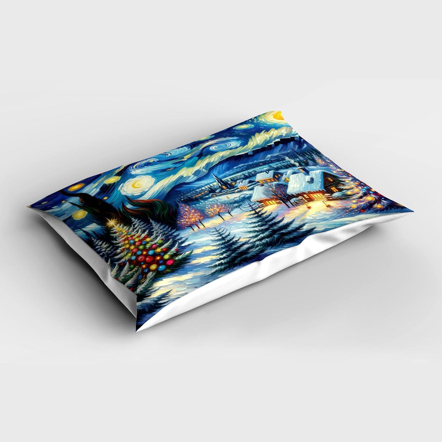 imageAmbesonne Christmas Pillow Sham Set of 2 Starry Night with Snowy Roof Houses and Xmas Tress Paint Print Quality Microfiber Bedding Item for All Seasons 26 x 20 Blue Evergreen and Mustard