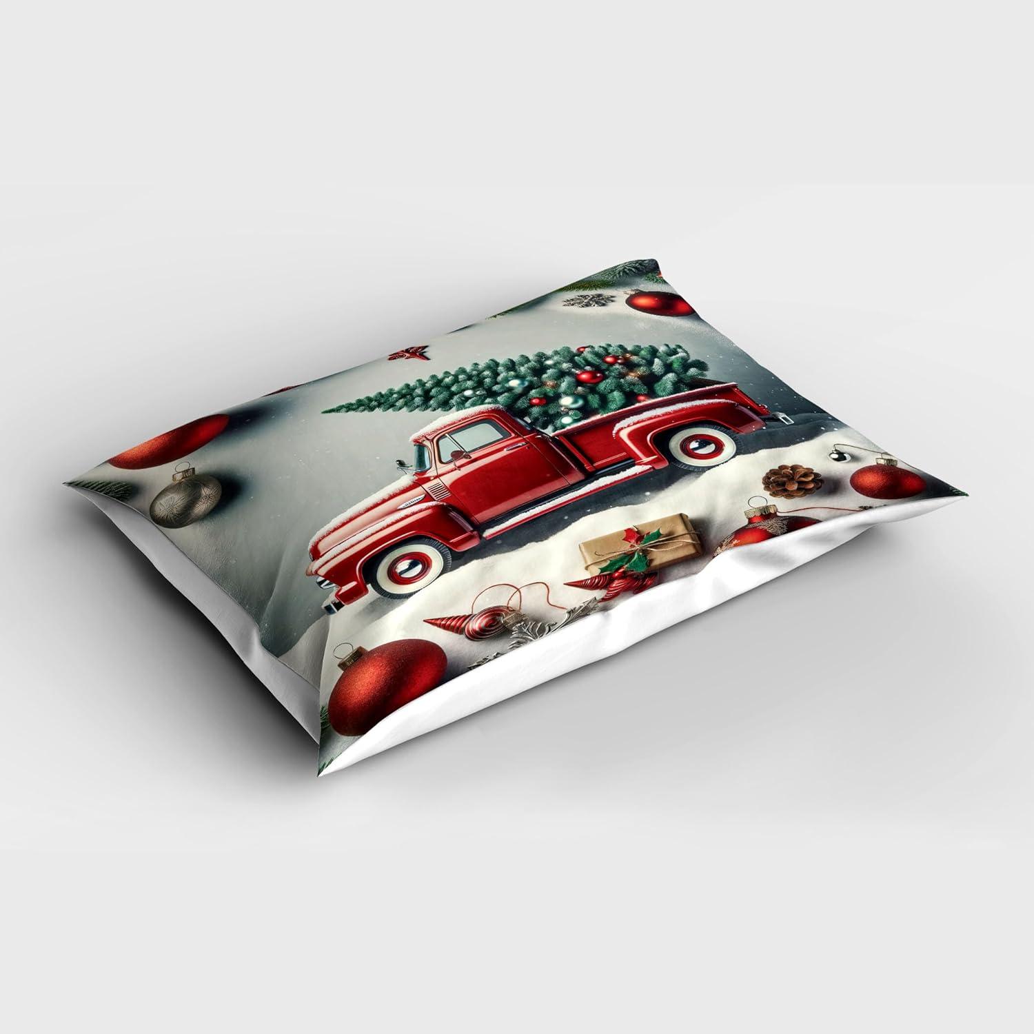 imageAmbesonne Christmas Pillow Sham Set of 2 Vintage Red Truck with a Pine Tree and Holiday Season Ornaments Snowy Winter Quality Microfiber Bedding Item for All Seasons 26 x 20 Grey Teal Ruby