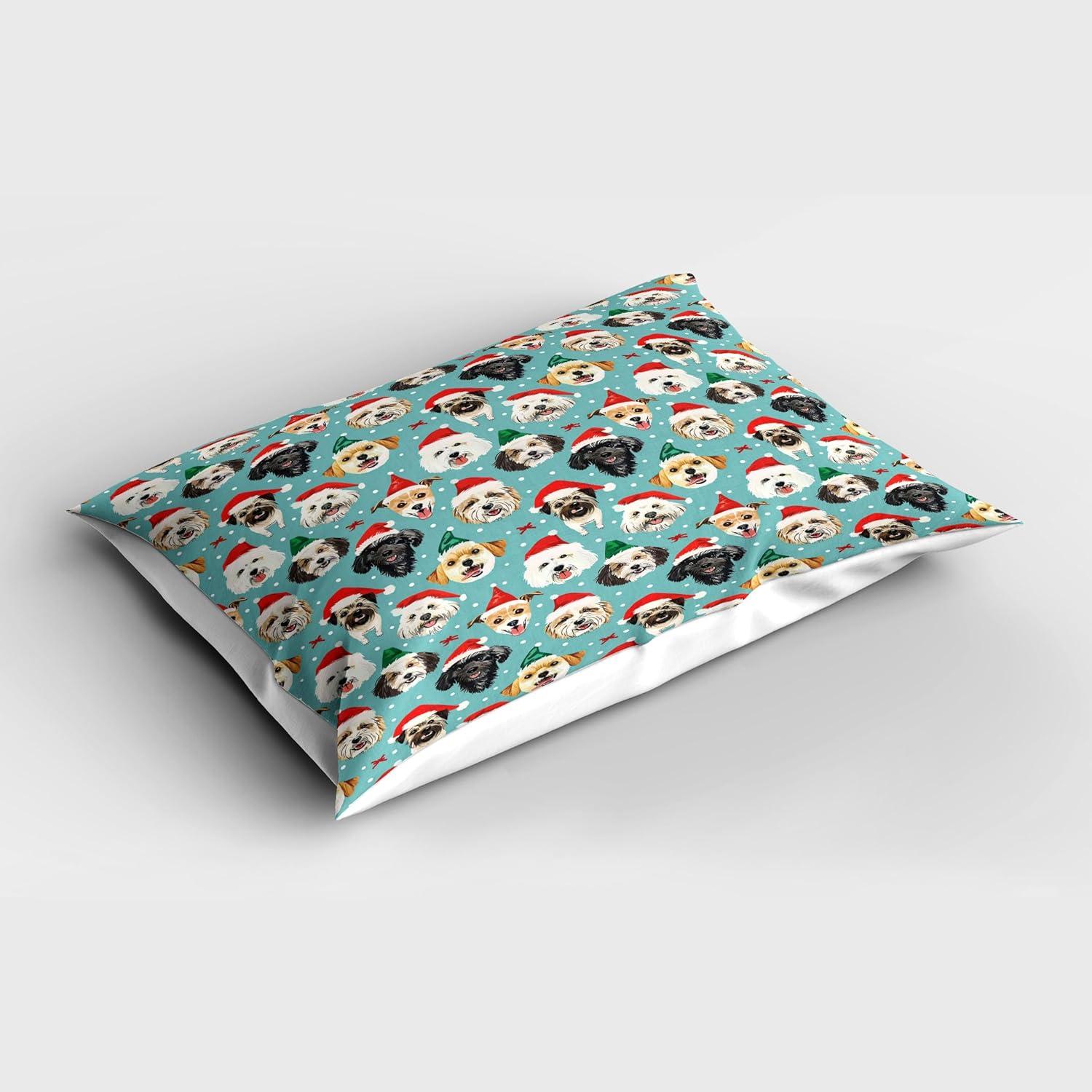 imageAmbesonne Christmas Pillow Sham Set of 2 Whimsical Happy Dogs and Puppies with Santas Hat Illustration Print Quality Microfiber Bedding Item for All Seasons 26 x 20 Seafoam Vermilion Green