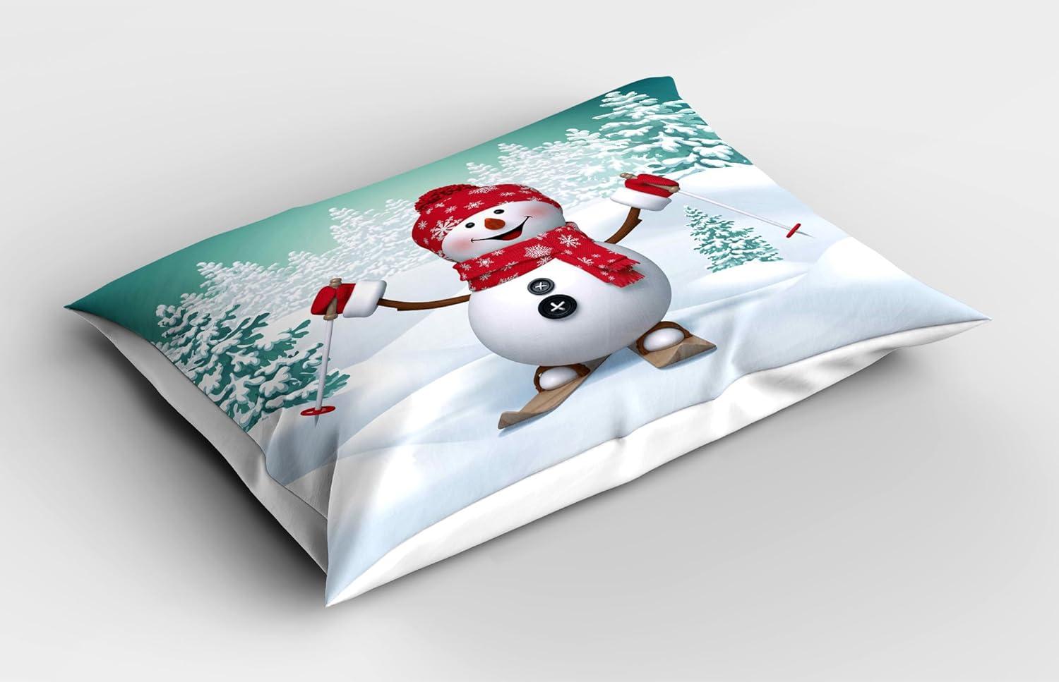 imageAmbesonne Christmas Pillow Sham Snow Covered Mountain with Fir Trees and Skiing Snowman Fun Holiday Activity Decorative Standard King Size Printed Pillowcase 36 X 20 White Teal