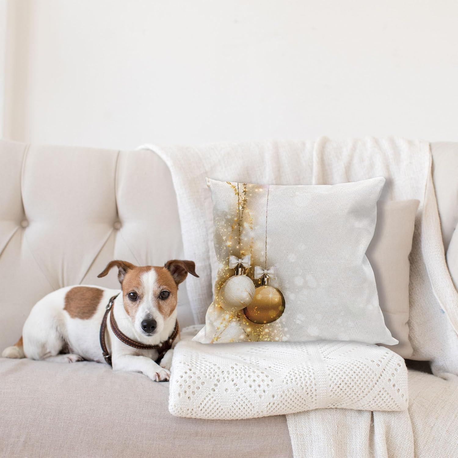 imageAmbesonne Christmas Throw Pillow Cushion Cover Featured Xmas Baubles with Ribbon Holiday Wish Artwork Image Illustration Decorative Square Accent Pillow Case 18 X 18 White and Beige