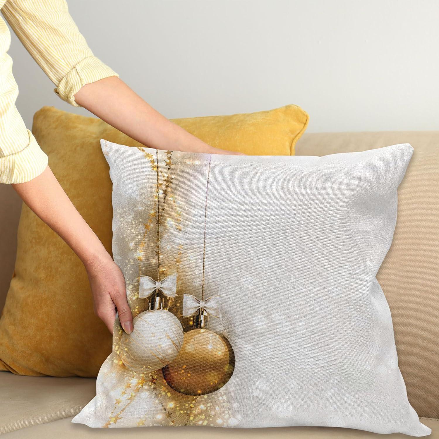 imageAmbesonne Christmas Throw Pillow Cushion Cover Featured Xmas Baubles with Ribbon Holiday Wish Artwork Image Illustration Decorative Square Accent Pillow Case 18 X 18 White and Beige