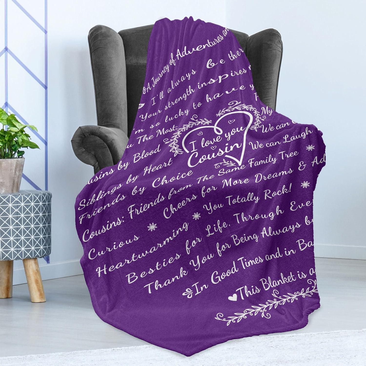 imageAmbesonne Cousin Gift Blanket Custom Gift Idea for Women amp Men Christmas Birthday Present Male Female Flannel Fleece Bed amp Throw Cover Filled with Appreciation Love Words 50 x 70 BlackPurple