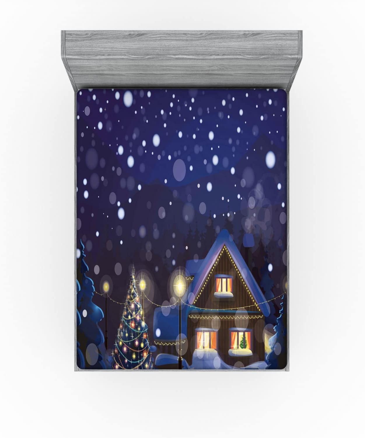 imageAmbesonne Eggplant Fitted Sheet Christmas Inspired Flowers Snowflakes and Swirls in a Violet Delicate Environment Soft Decorative Fabric Bedding AllRound Elastic Pocket Twin Size Violet WhiteNavy Yellow