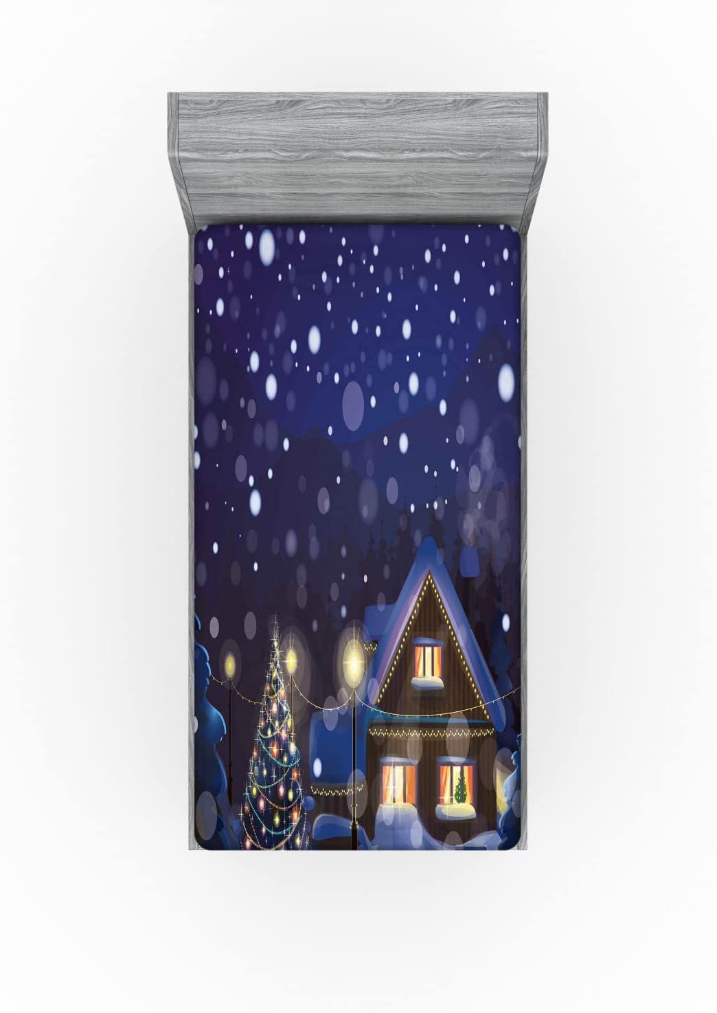 imageAmbesonne Eggplant Fitted Sheet Christmas Inspired Flowers Snowflakes and Swirls in a Violet Delicate Environment Soft Decorative Fabric Bedding AllRound Elastic Pocket Twin Size Violet WhiteNavy Yellow