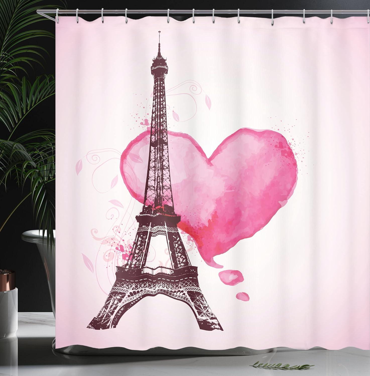 imageAmbesonne Eiffel Tower Shower Curtain Eiffel Romantic Valentine Love Watercolor Theme Heart Leaf Silhouette Print Cloth Fabric Bathroom Decor Set with Hooks 69 W x 70 L Fuchsia Brown
