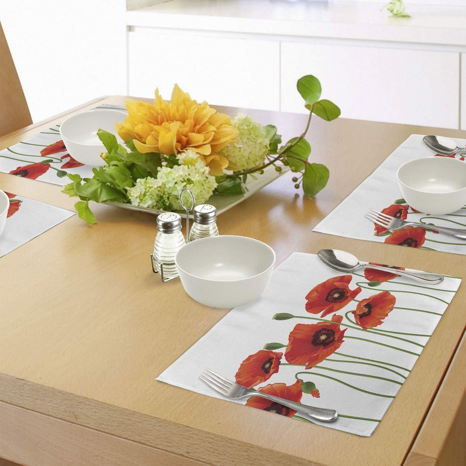 imageAmbesonne Floral Place Mats Set of 4 Poppies of Spring Season Pastoral Flowers Botany Bouquet Field Nature Theme Art Washable Fabric Placemats for Dining Table Standard Size Orange Green