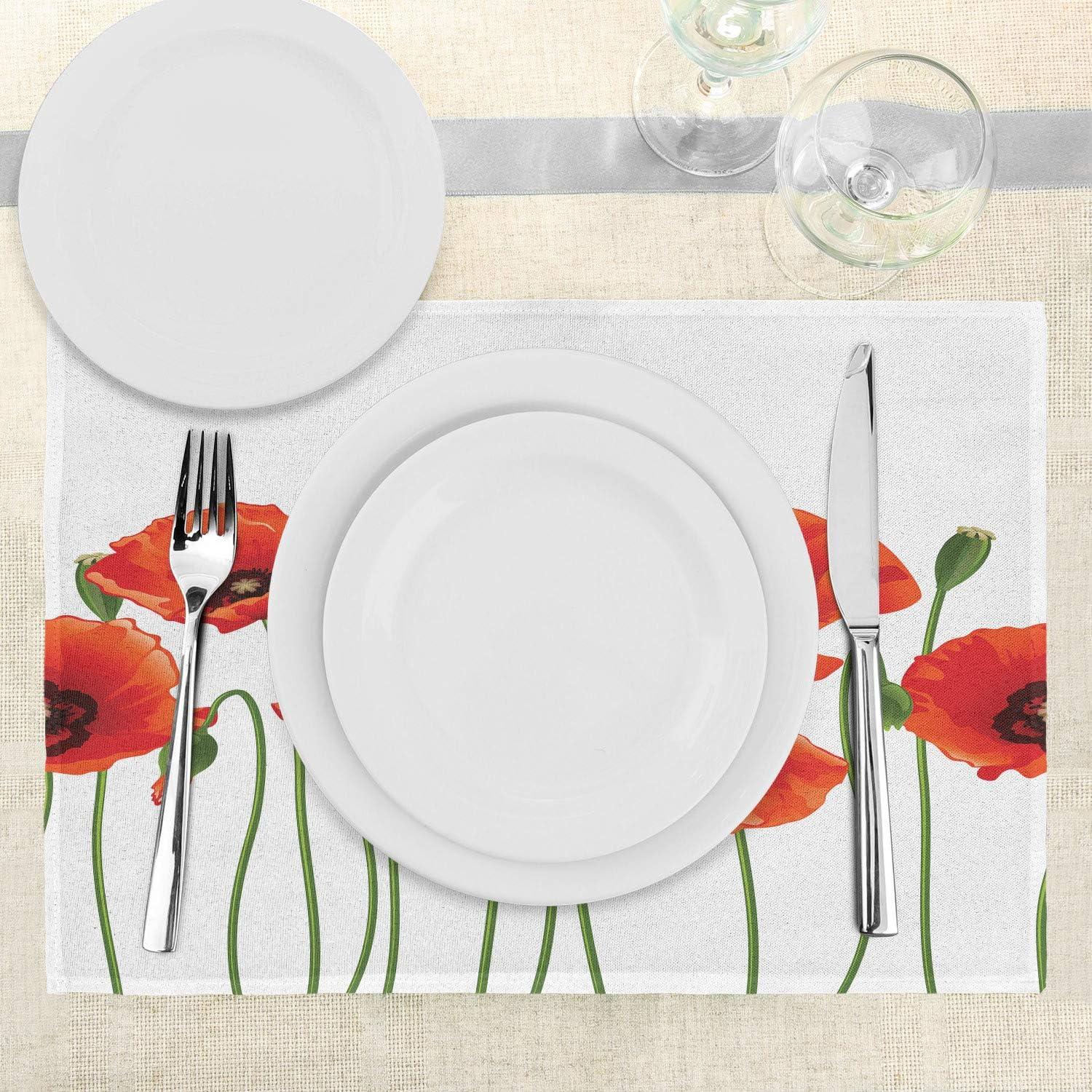 imageAmbesonne Floral Place Mats Set of 4 Poppies of Spring Season Pastoral Flowers Botany Bouquet Field Nature Theme Art Washable Fabric Placemats for Dining Table Standard Size Orange Green