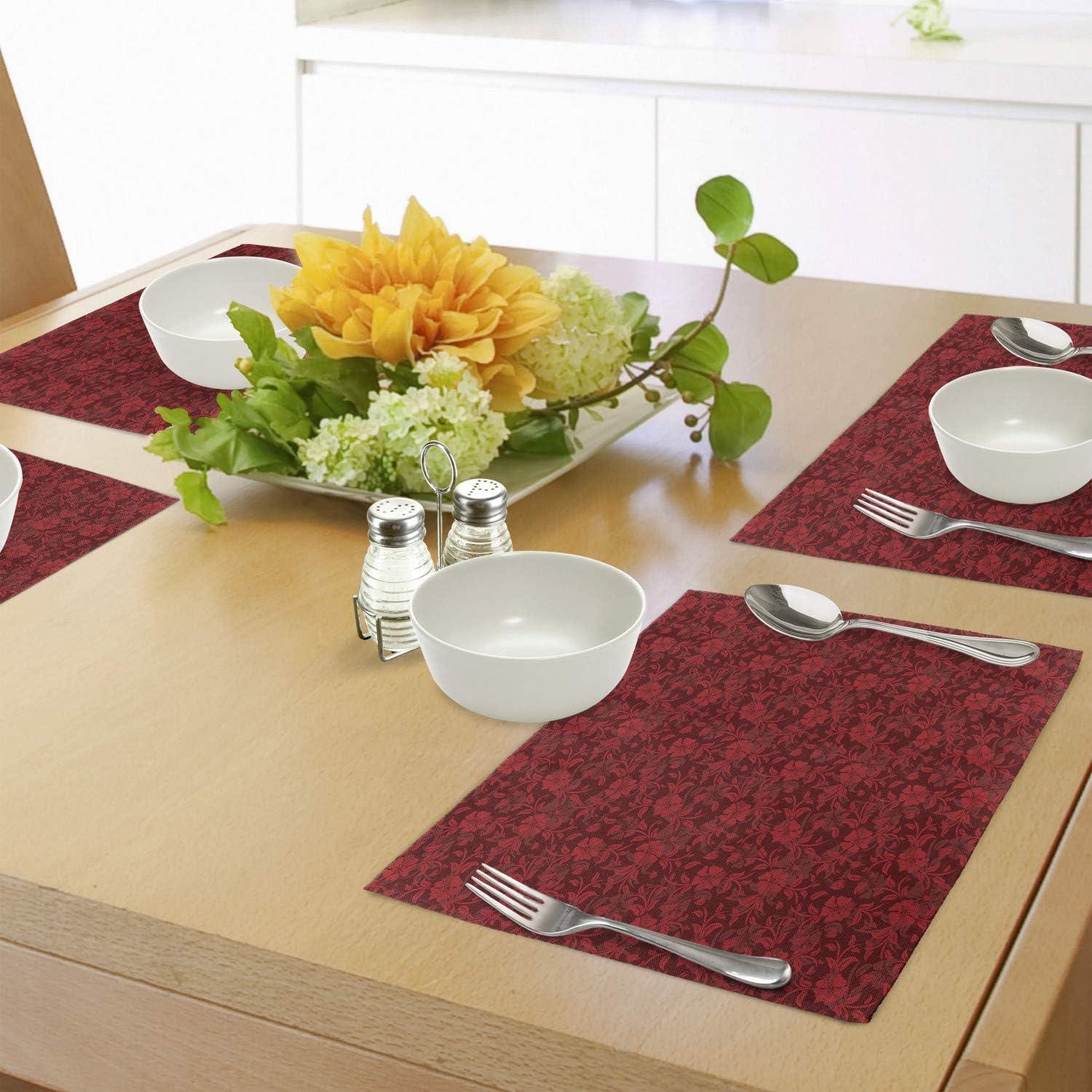 imageAmbesonne Flower Place Mats Set of 4 Floral Details with Leaves Swirls Romantic Vivid Vibrant Pattern Art Print Washable Fabric Placemats for Dining Table Standard Size Burgundy Red