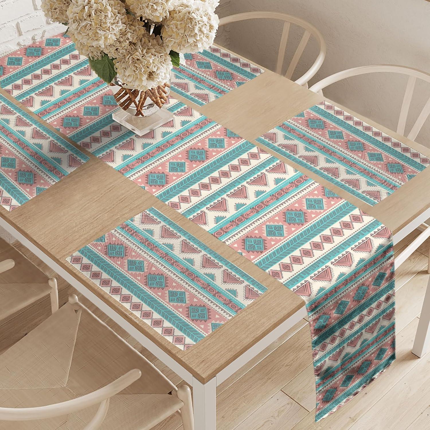 imageAmbesonne Horses Table Runner amp Placemats Classic Swedish Dalecarlian Coral Azure Blue Animals and Green Floral Arrangement Set for Dining Table Decor Placemat 4 pcs Runner 16x72 Blue BurgundyPeach Cream