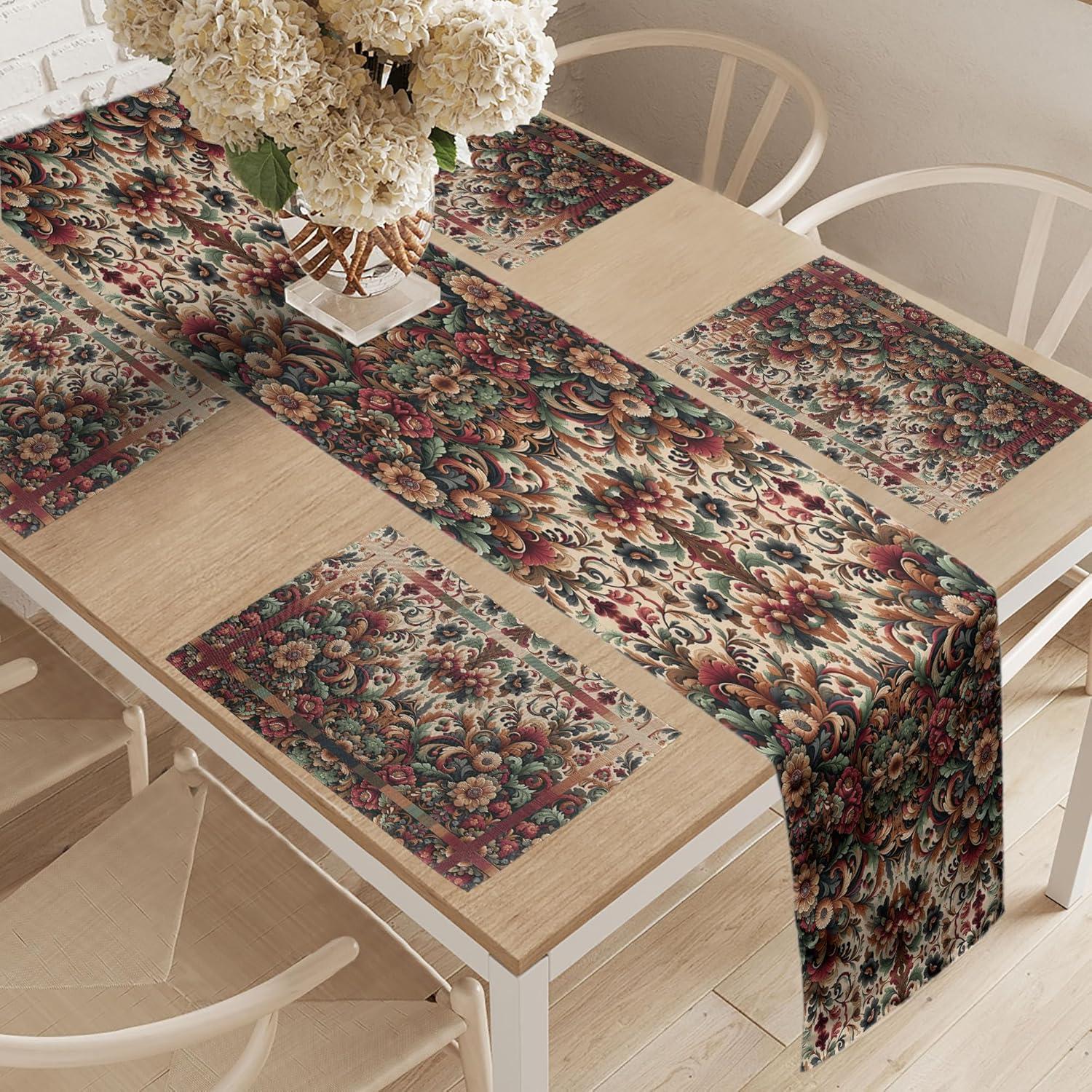 imageAmbesonne Horses Table Runner amp Placemats Classic Swedish Dalecarlian Coral Azure Blue Animals and Green Floral Arrangement Set for Dining Table Decor Placemat 4 pcs Runner 16x72 Blue BurgundyRuby Laurel Green and Camel