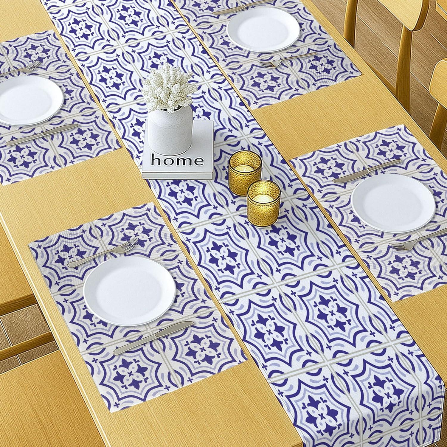 imageAmbesonne Horses Table Runner amp Placemats Classic Swedish Dalecarlian Coral Azure Blue Animals and Green Floral Arrangement Set for Dining Table Decor Placemat 4 pcs Runner 16x72 Blue BurgundyViolet Blue