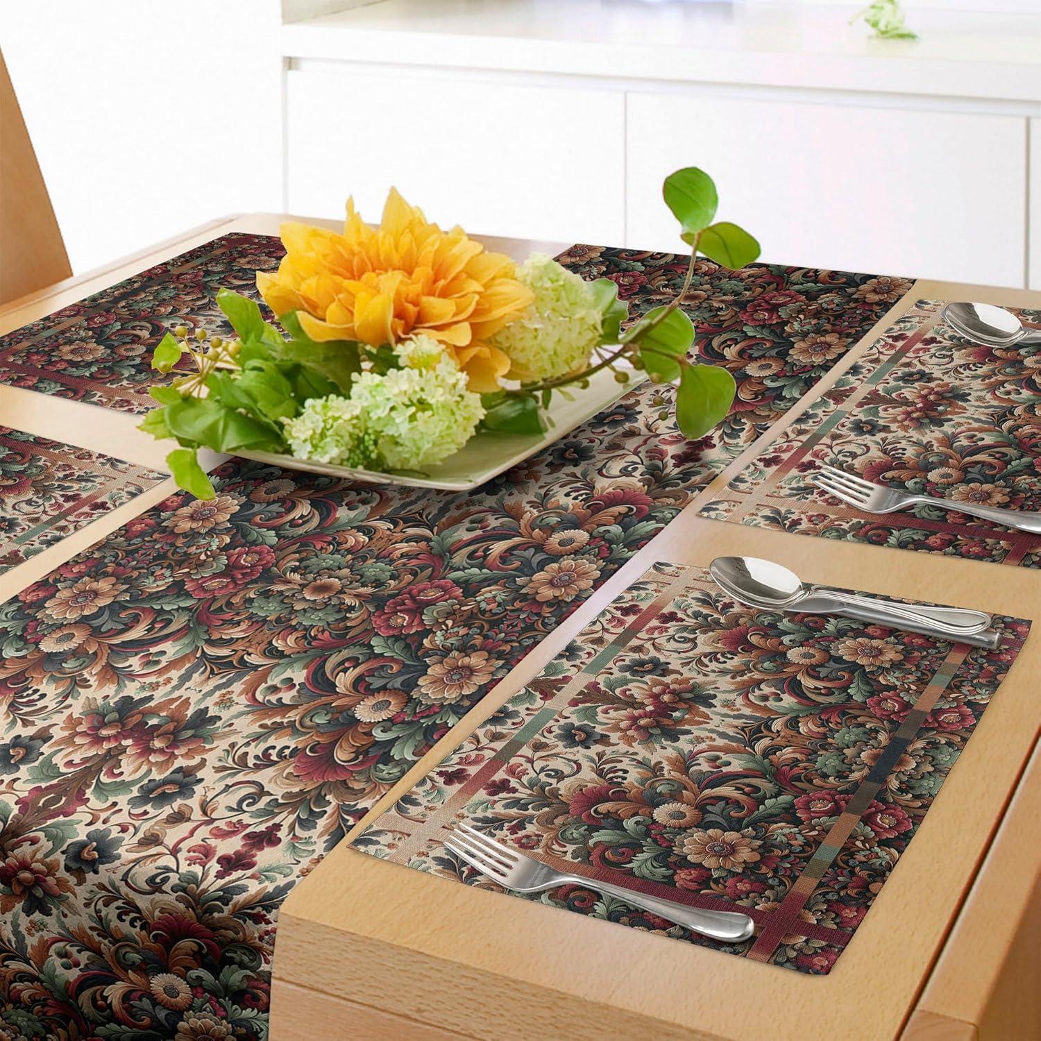 imageAmbesonne Horses Table Runner amp Placemats Classic Swedish Dalecarlian Coral Azure Blue Animals and Green Floral Arrangement Set for Dining Table Decor Placemat 4 pcs Runner 16x72 Blue BurgundyRuby Laurel Green and Camel