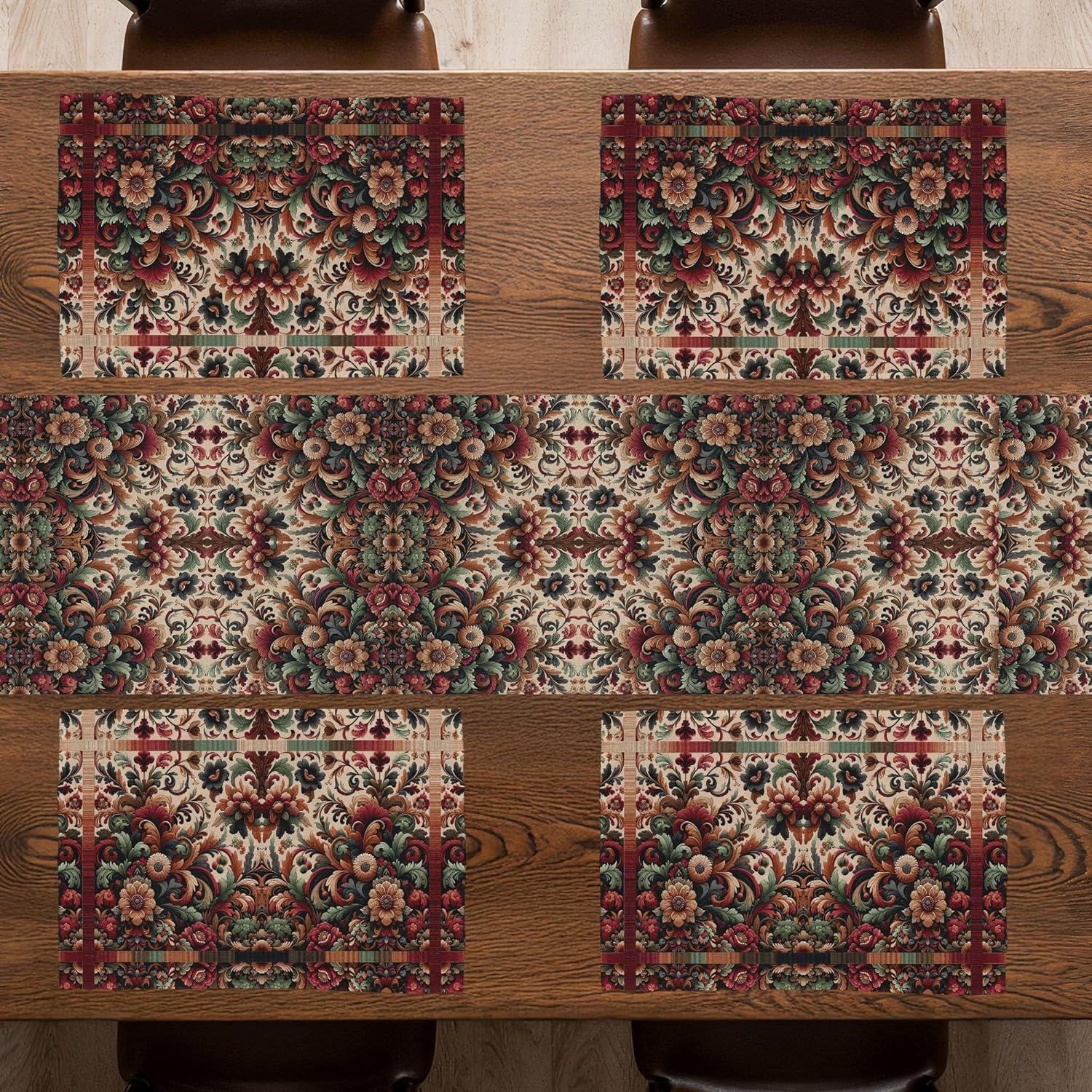 imageAmbesonne Horses Table Runner amp Placemats Classic Swedish Dalecarlian Coral Azure Blue Animals and Green Floral Arrangement Set for Dining Table Decor Placemat 4 pcs Runner 16x72 Blue BurgundyRuby Laurel Green and Camel