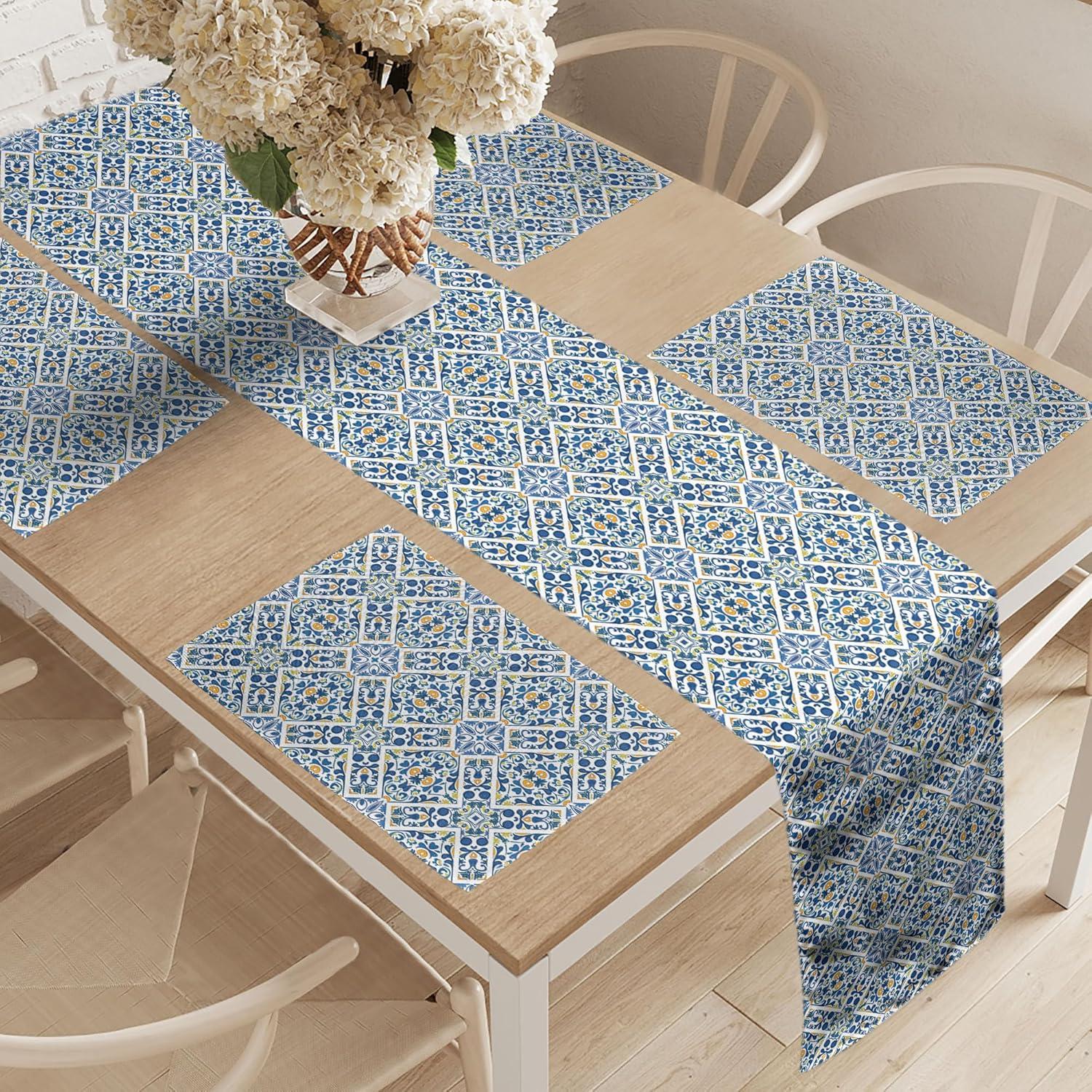 imageAmbesonne Horses Table Runner amp Placemats Classic Swedish Dalecarlian Coral Azure Blue Animals and Green Floral Arrangement Set for Dining Table Decor Placemat 4 pcs Runner 16x72 Blue BurgundyRoyal Blue Orange