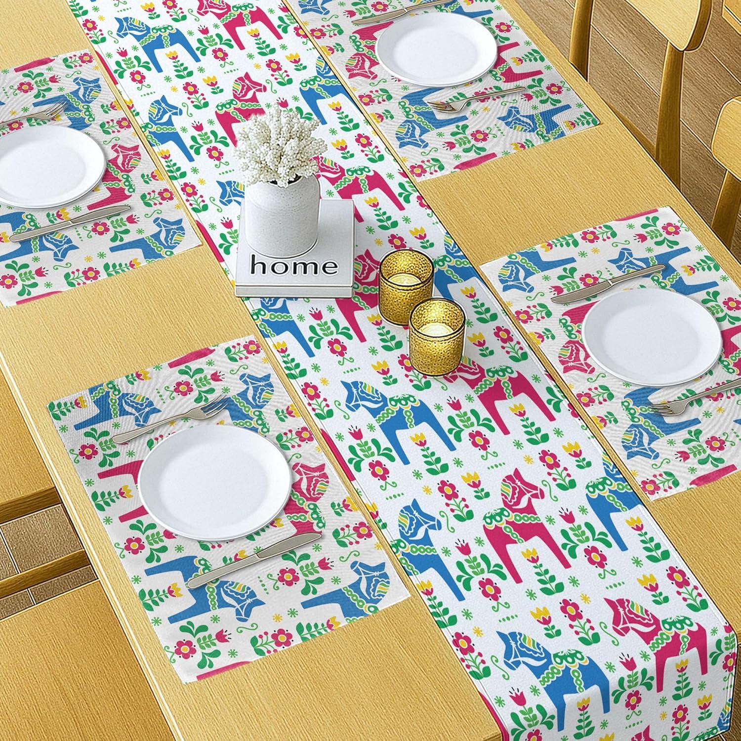imageAmbesonne Horses Table Runner amp Placemats Classic Swedish Dalecarlian Coral Azure Blue Animals and Green Floral Arrangement Set for Dining Table Decor Placemat 4 pcs Runner 16x72 Blue BurgundyBlue Burgundy