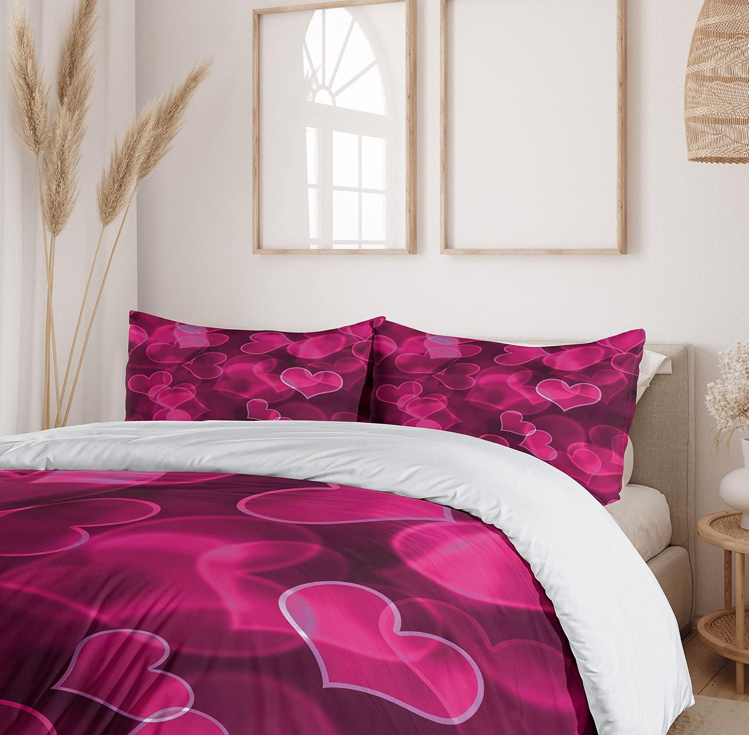 imageAmbesonne Hot Pink Duvet Cover Set Heart Shapes on Blurry Background Romantic Valentines Day Design Decorative 3 Piece Bedding Set with 2 Pillow Shams Queen Size Magenta Pink