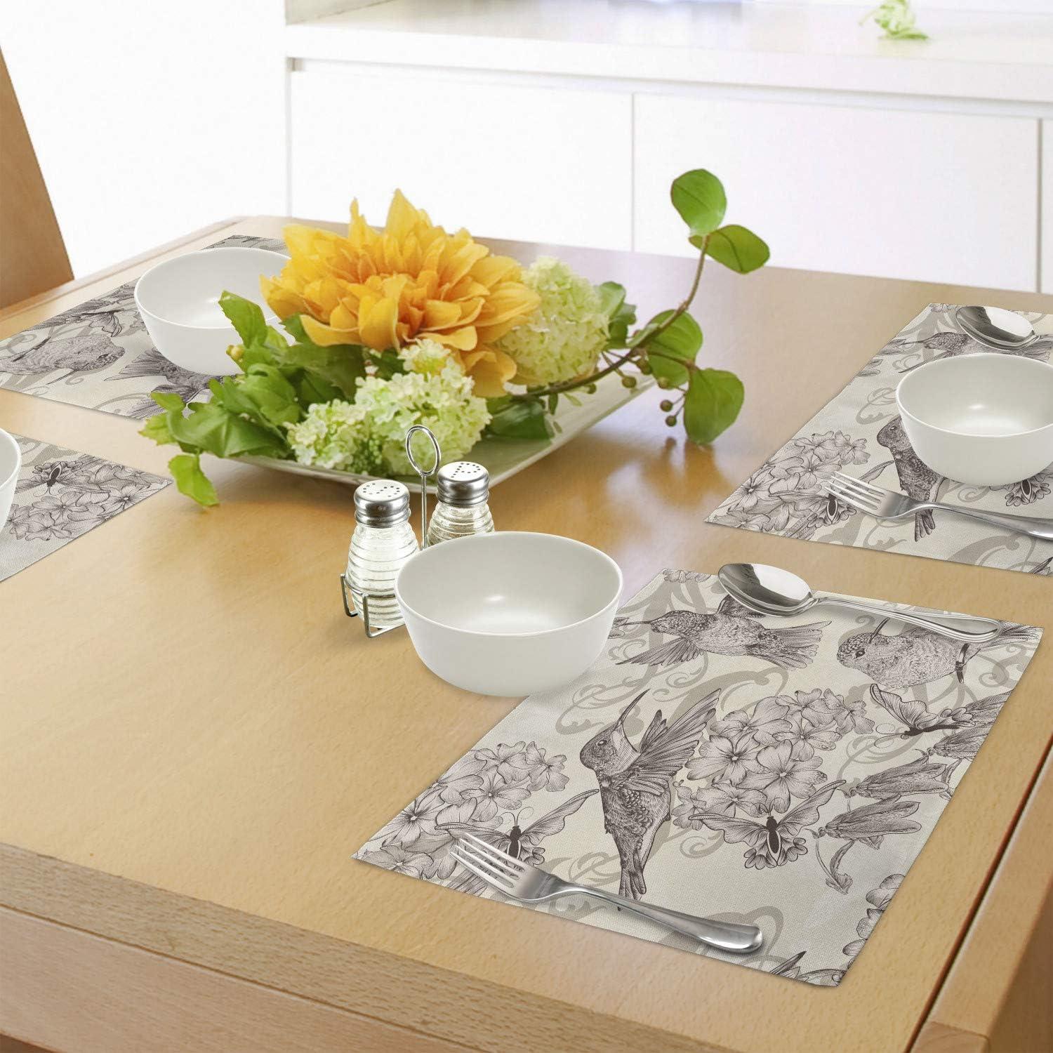 imageAmbesonne Hummingbirds Place Mats Set of 4 Birds and Flowers Monochromic Classical Design Nostalgia Ornate Washable Fabric Placemats for Dining Table Standard Size Beige Brown