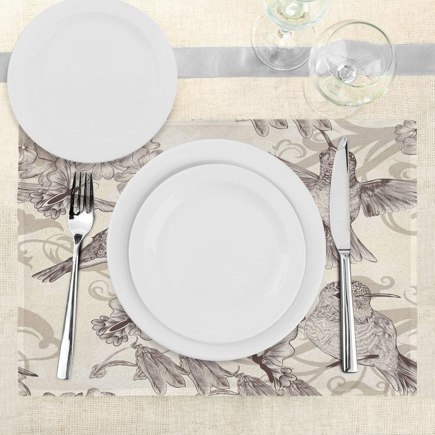 imageAmbesonne Hummingbirds Place Mats Set of 4 Birds and Flowers Monochromic Classical Design Nostalgia Ornate Washable Fabric Placemats for Dining Table Standard Size Beige Brown