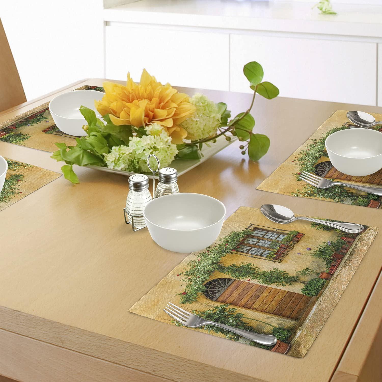 imageAmbesonne Italy Place Mats Set of 4 Porch Different Flowers Pots Fresh Plants City Life in Tuscany Europe Washable Fabric Placemats for Dining Table Standard Size Green Brown