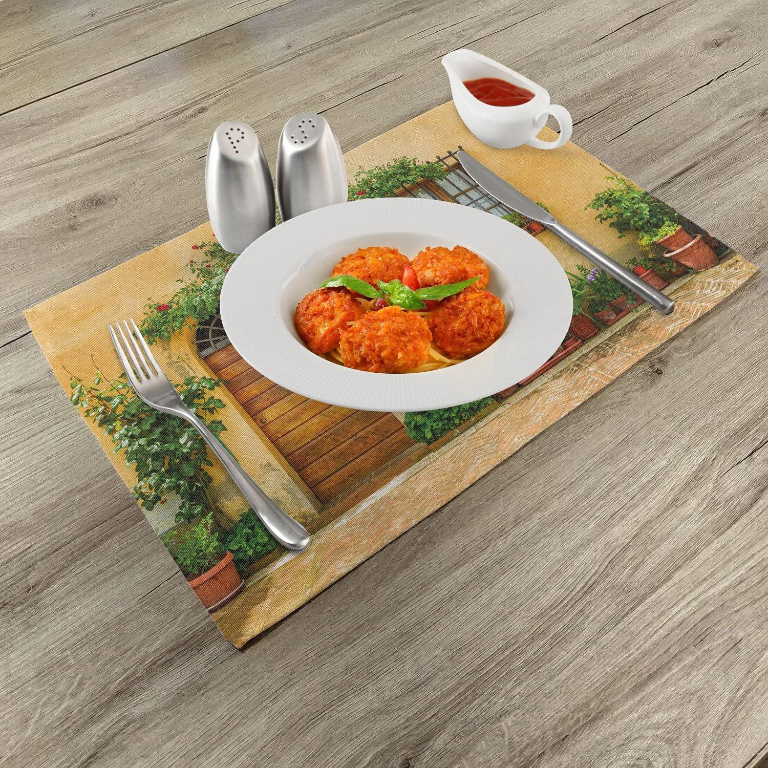 imageAmbesonne Italy Place Mats Set of 4 Porch Different Flowers Pots Fresh Plants City Life in Tuscany Europe Washable Fabric Placemats for Dining Table Standard Size Green Brown