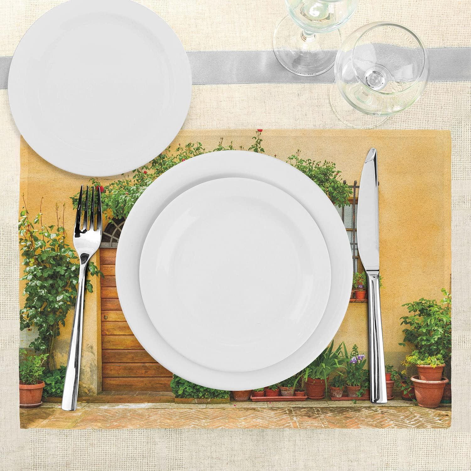imageAmbesonne Italy Place Mats Set of 4 Porch Different Flowers Pots Fresh Plants City Life in Tuscany Europe Washable Fabric Placemats for Dining Table Standard Size Green Brown