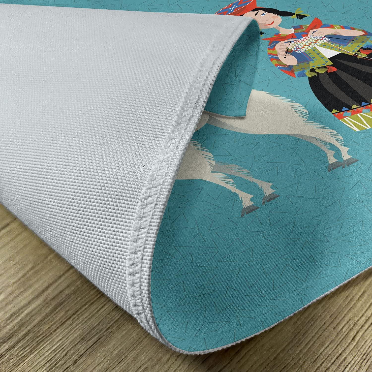 imageAmbesonne Llama Place Mats Set of 4 Peruvian Woman Knitting with a White Alpaca Wrapped with Flower Colorful Illustration Washable Fabric Placemats for Dining Table Standard Size Sea Blue