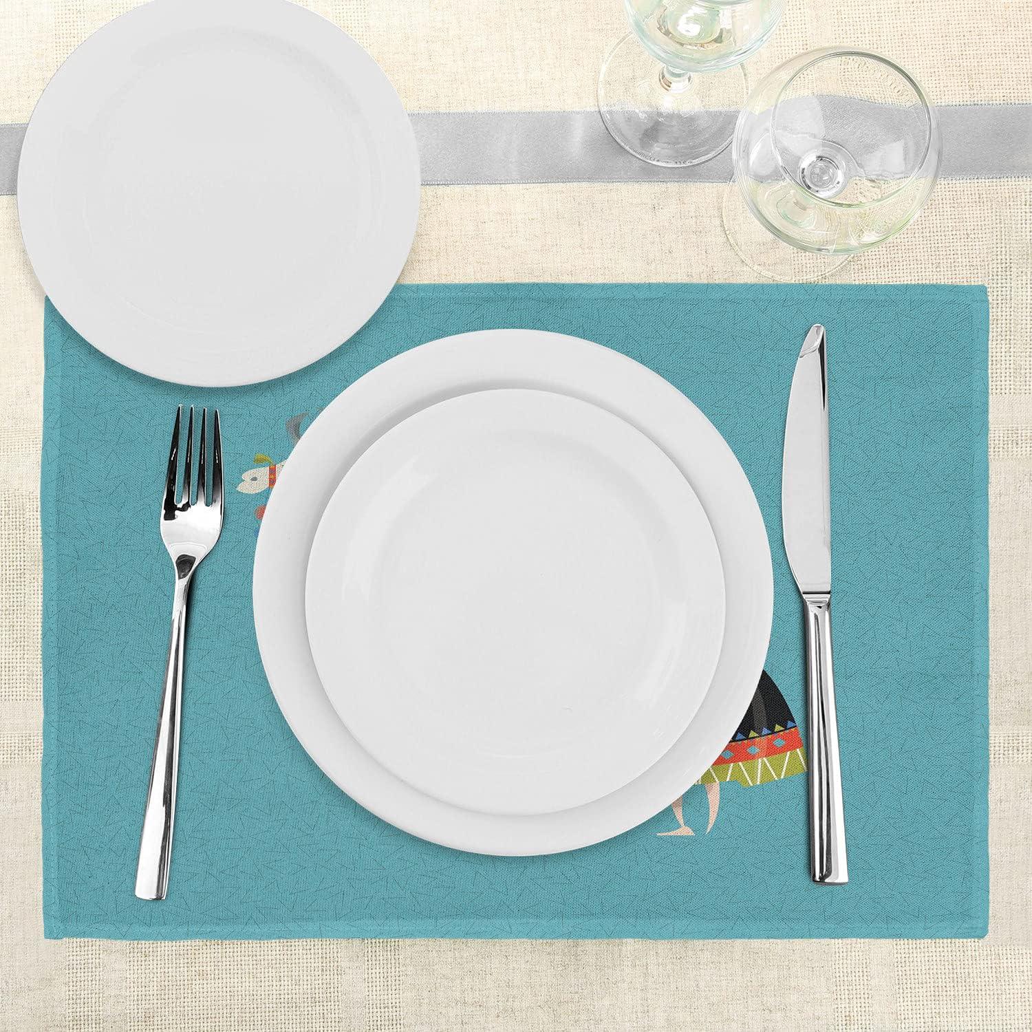 imageAmbesonne Llama Place Mats Set of 4 Peruvian Woman Knitting with a White Alpaca Wrapped with Flower Colorful Illustration Washable Fabric Placemats for Dining Table Standard Size Sea Blue