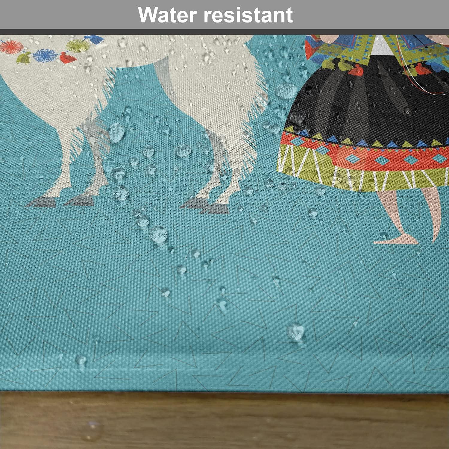 imageAmbesonne Llama Place Mats Set of 4 Peruvian Woman Knitting with a White Alpaca Wrapped with Flower Colorful Illustration Washable Fabric Placemats for Dining Table Standard Size Sea Blue