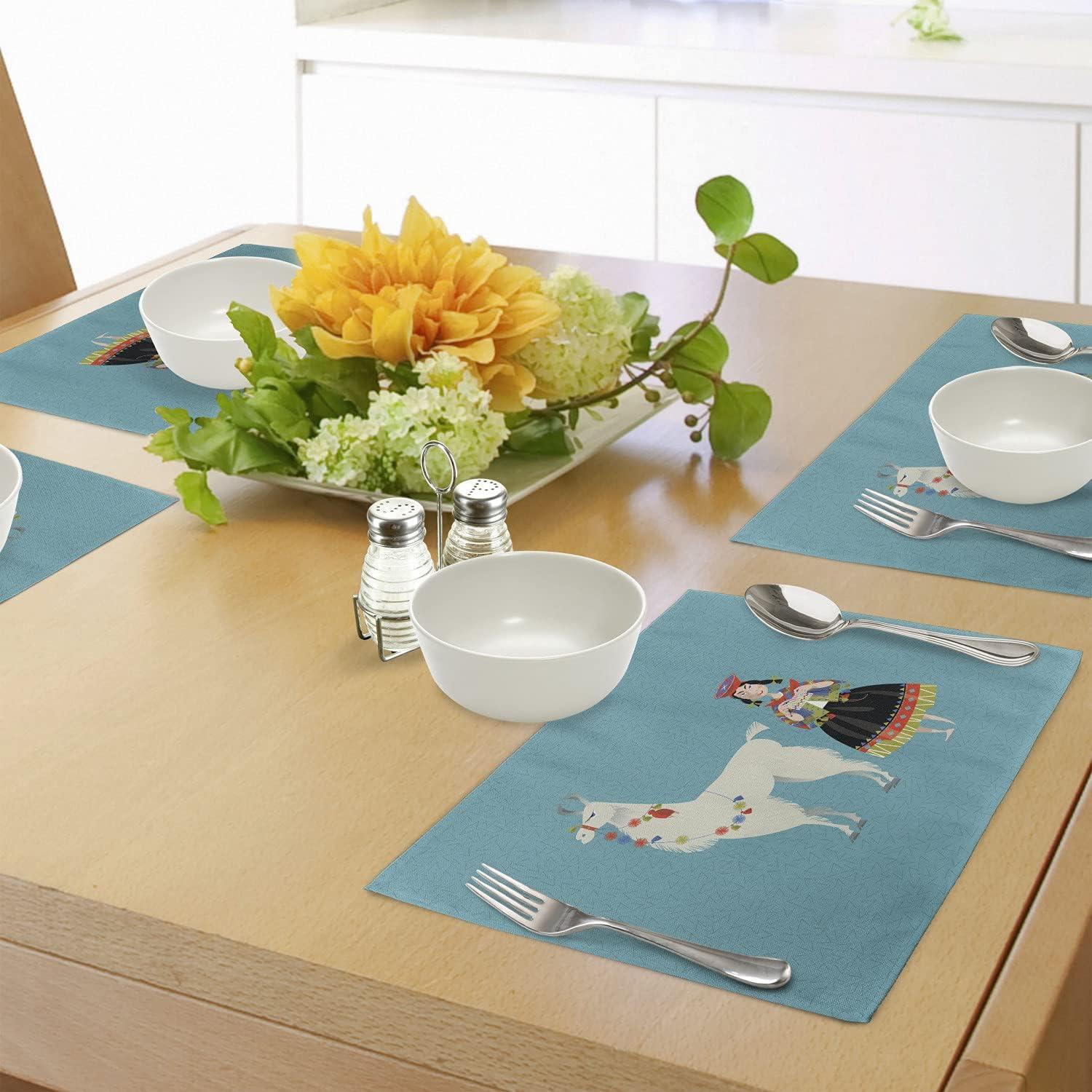 imageAmbesonne Llama Place Mats Set of 4 Peruvian Woman Knitting with a White Alpaca Wrapped with Flower Colorful Illustration Washable Fabric Placemats for Dining Table Standard Size Sea Blue