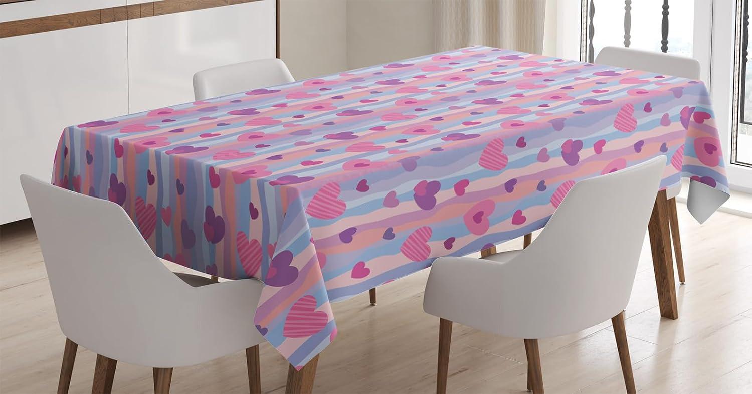 imageAmbesonne Love Tablecloth Hearts for Valentine Vertical Stripes Lines Ornament Romance Wedding Rectangular Table Cover for Dining Room Kitchen Decor 60 X 90 Pale Muave Blue Purple Pink