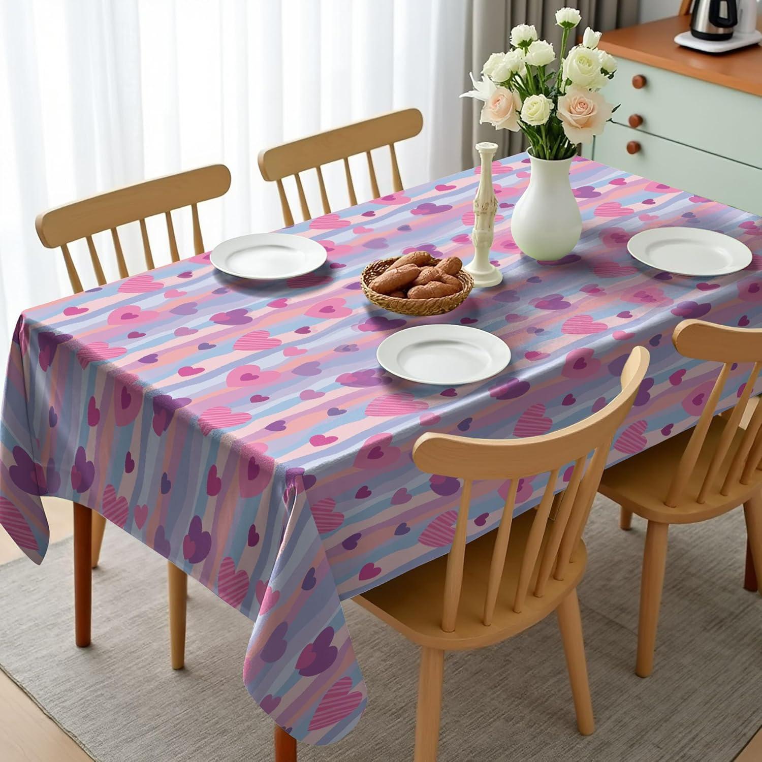 imageAmbesonne Love Tablecloth Hearts for Valentine Vertical Stripes Lines Ornament Romance Wedding Rectangular Table Cover for Dining Room Kitchen Decor 60 X 90 Pale Muave Blue Purple Pink