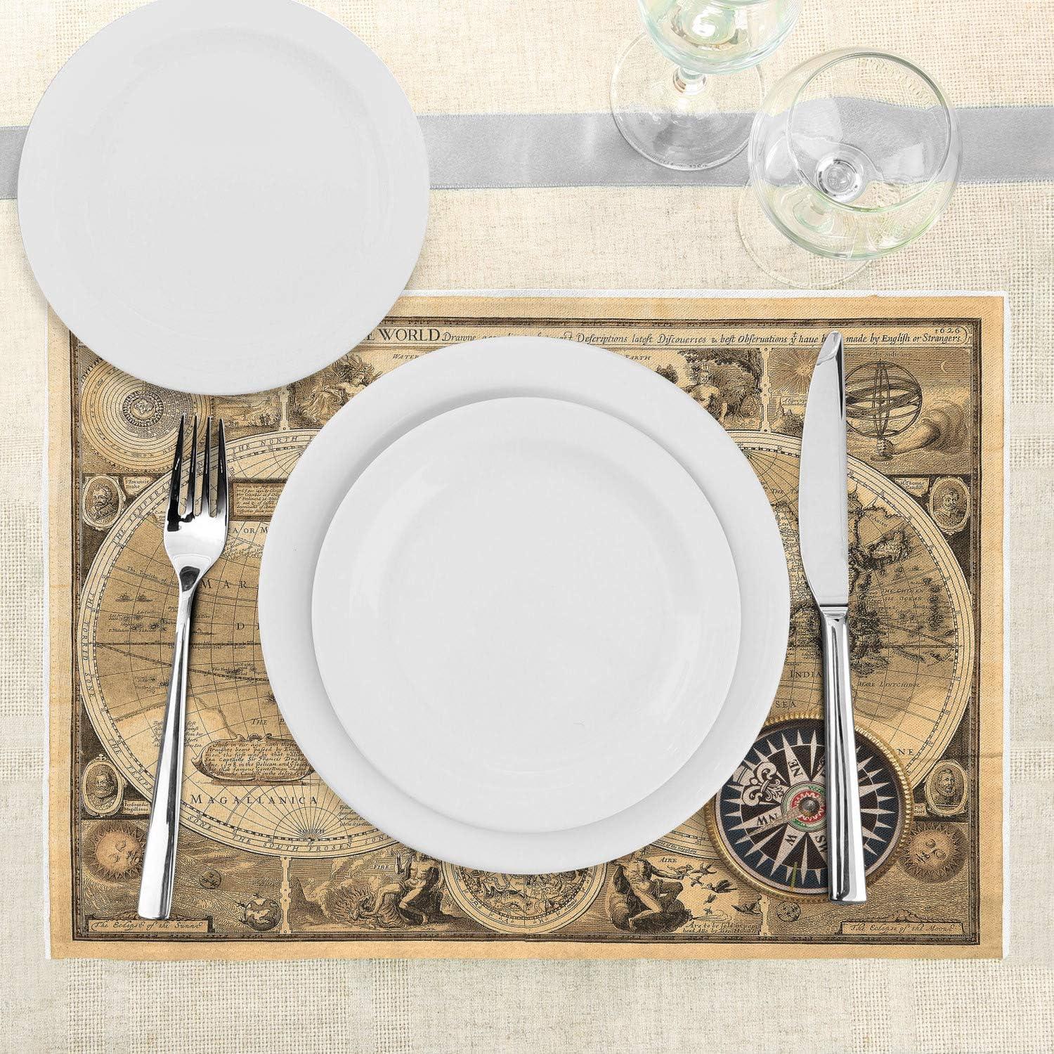 imageAmbesonne Map Print Place Mats Set of 4 Old Map 1626 a New and Accurate Map of World Historical Manuscript Washable Fabric Placemats for Dining Table Standard Size Pale Brown Black Brown