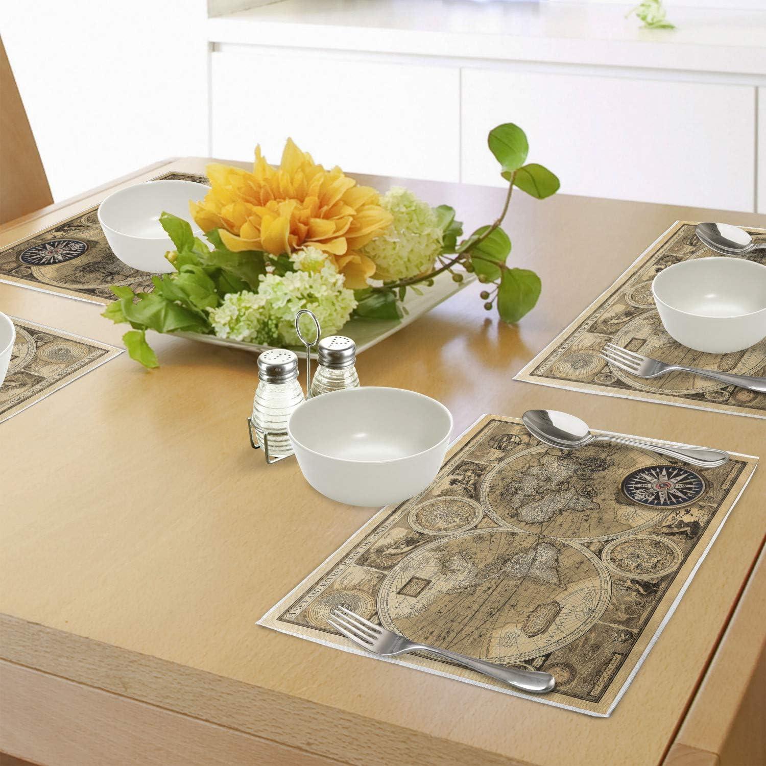 imageAmbesonne Map Print Place Mats Set of 4 Old Map 1626 a New and Accurate Map of World Historical Manuscript Washable Fabric Placemats for Dining Table Standard Size Pale Brown Black Brown