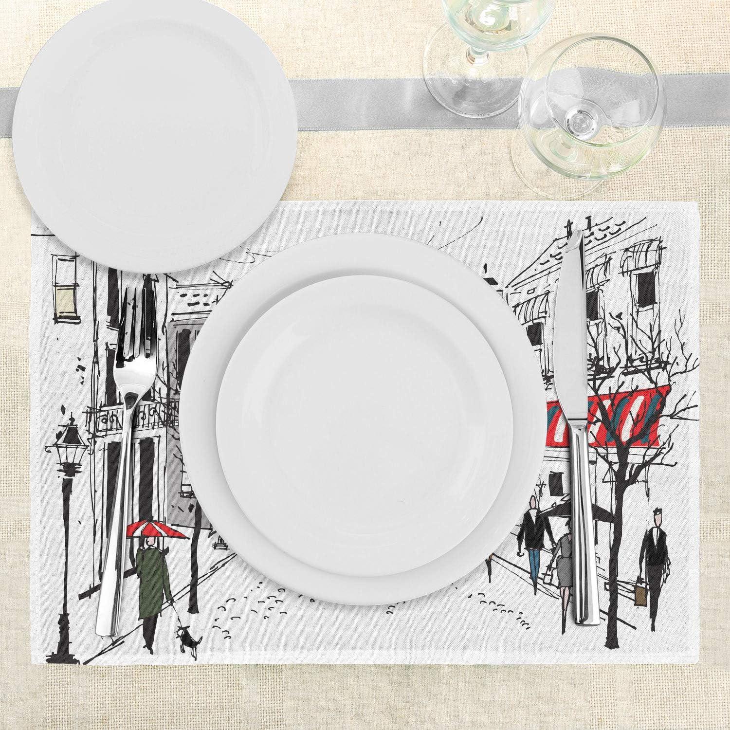imageAmbesonne Paris Place Mats Set of 4 Old French Pedestrians Stores Trees and The Silhouette of Eifffel Urban Illustration Washable Fabric Placemats for Dining Table Standard Size Gray White