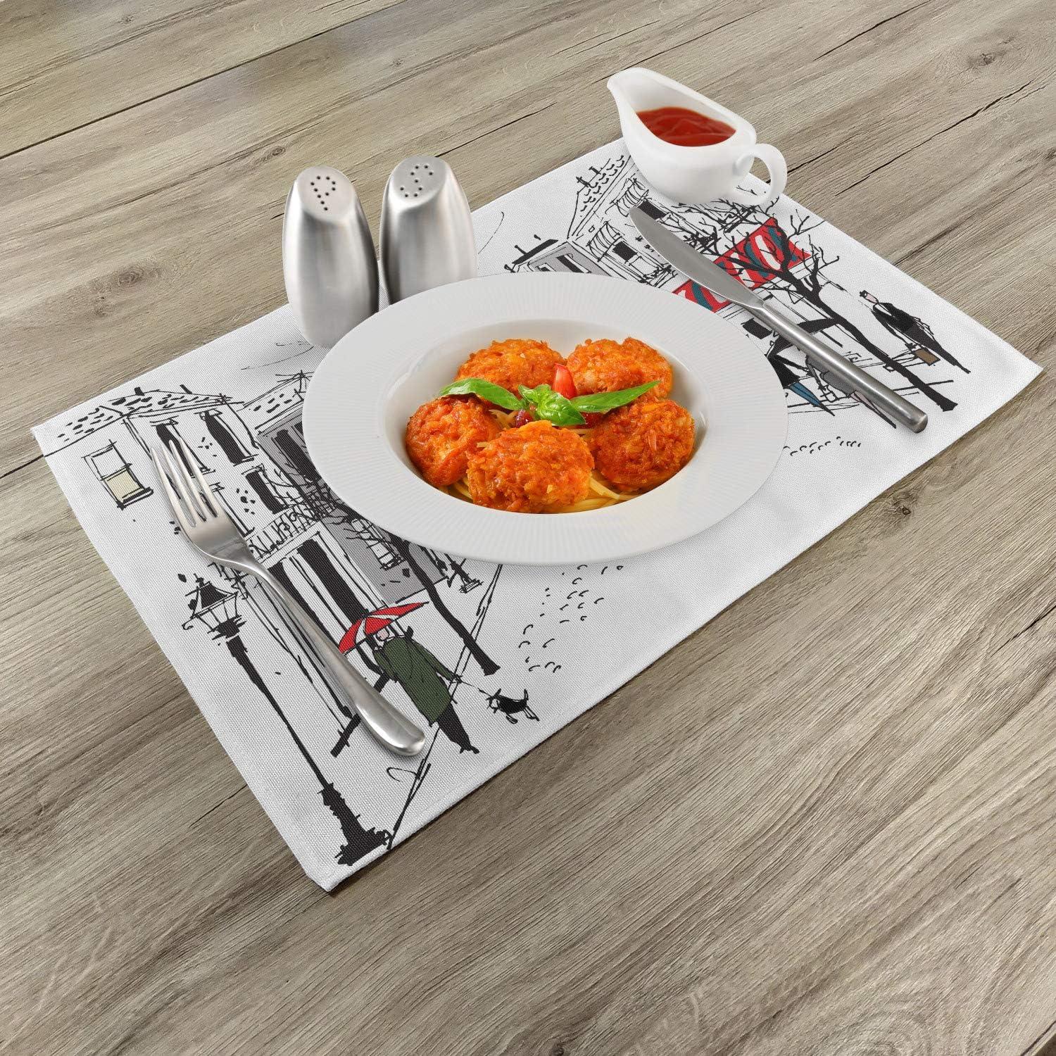 imageAmbesonne Paris Place Mats Set of 4 Old French Pedestrians Stores Trees and The Silhouette of Eifffel Urban Illustration Washable Fabric Placemats for Dining Table Standard Size Gray White